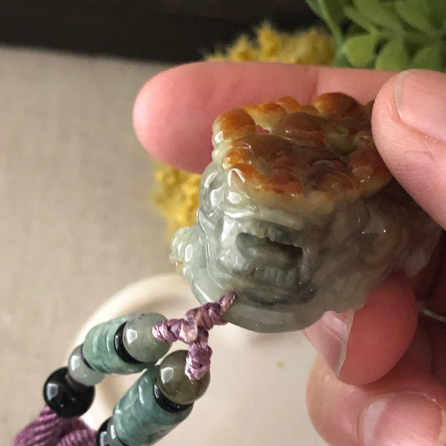 36mm Jadeite Green Red Brown Carved Pixiu Keychain or Pendant Display Figurine