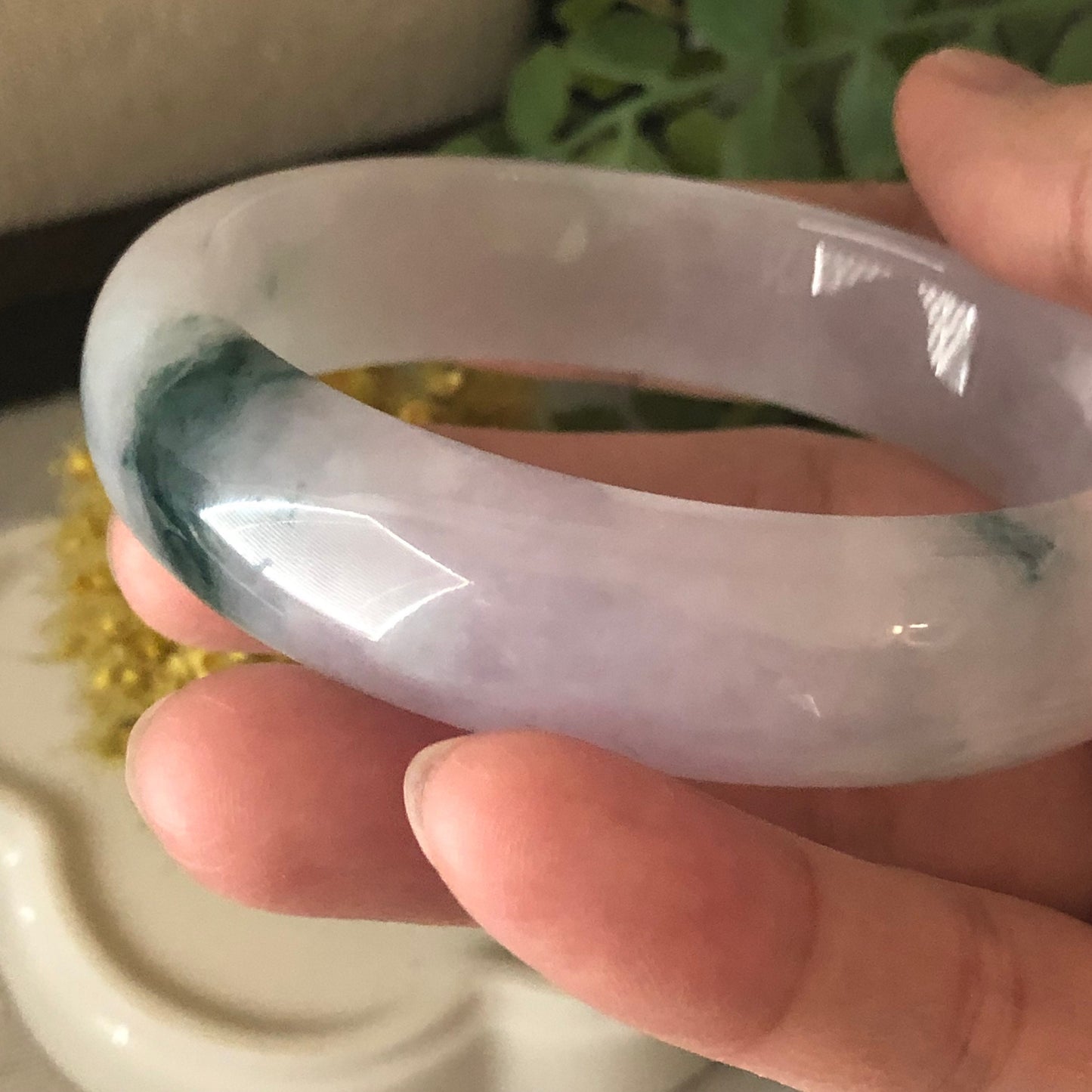 57.5mm Icy Pink Lavender Green Float Flowers Jadeite Jade Bangle