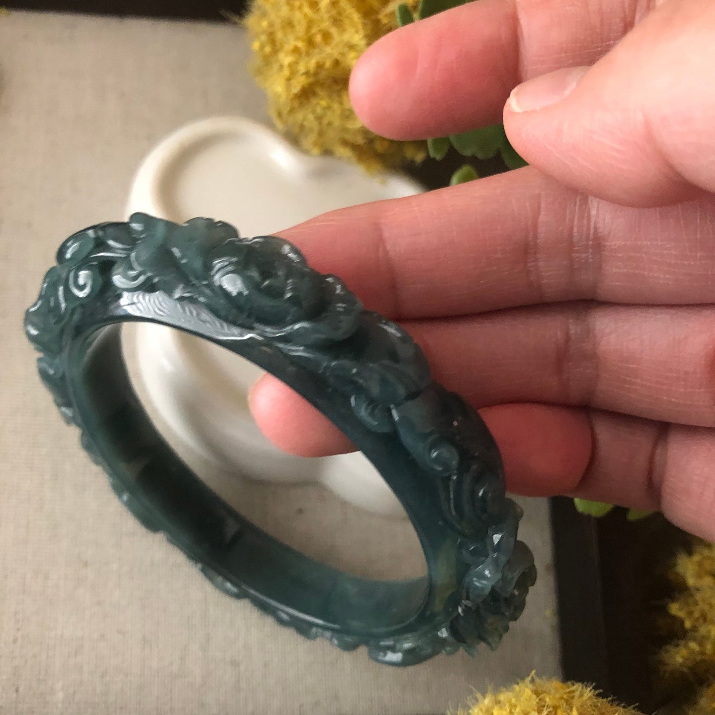 57.5mm Icy Blue Green Guatemalan Jadeite Jade Carved Flower Bangle