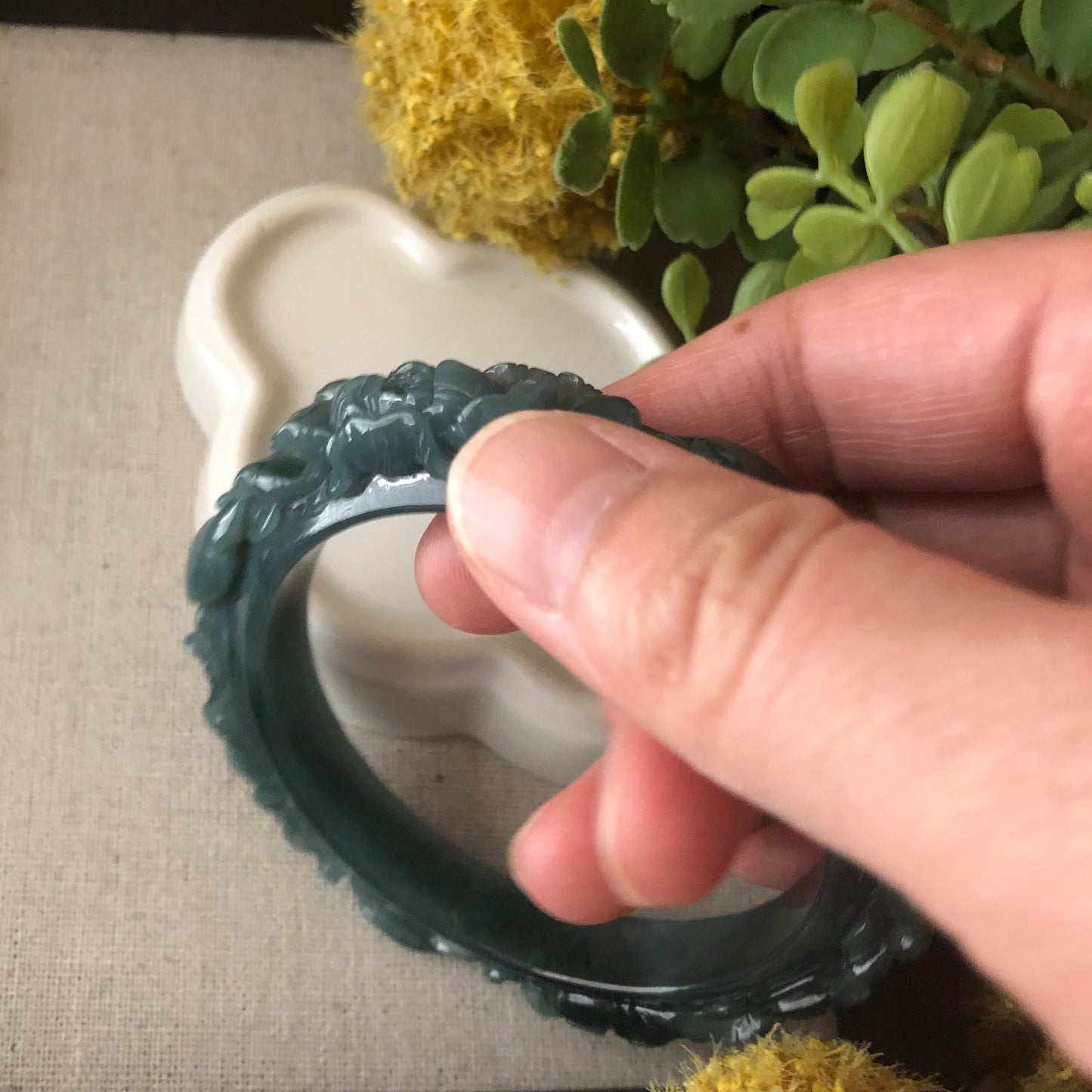 57.5mm Icy Blue Green Guatemalan Jadeite Jade Carved Flower Bangle