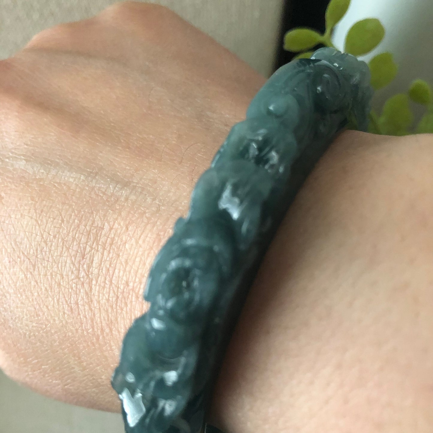57.5mm Icy Blue Green Guatemalan Jadeite Jade Carved Flower Bangle