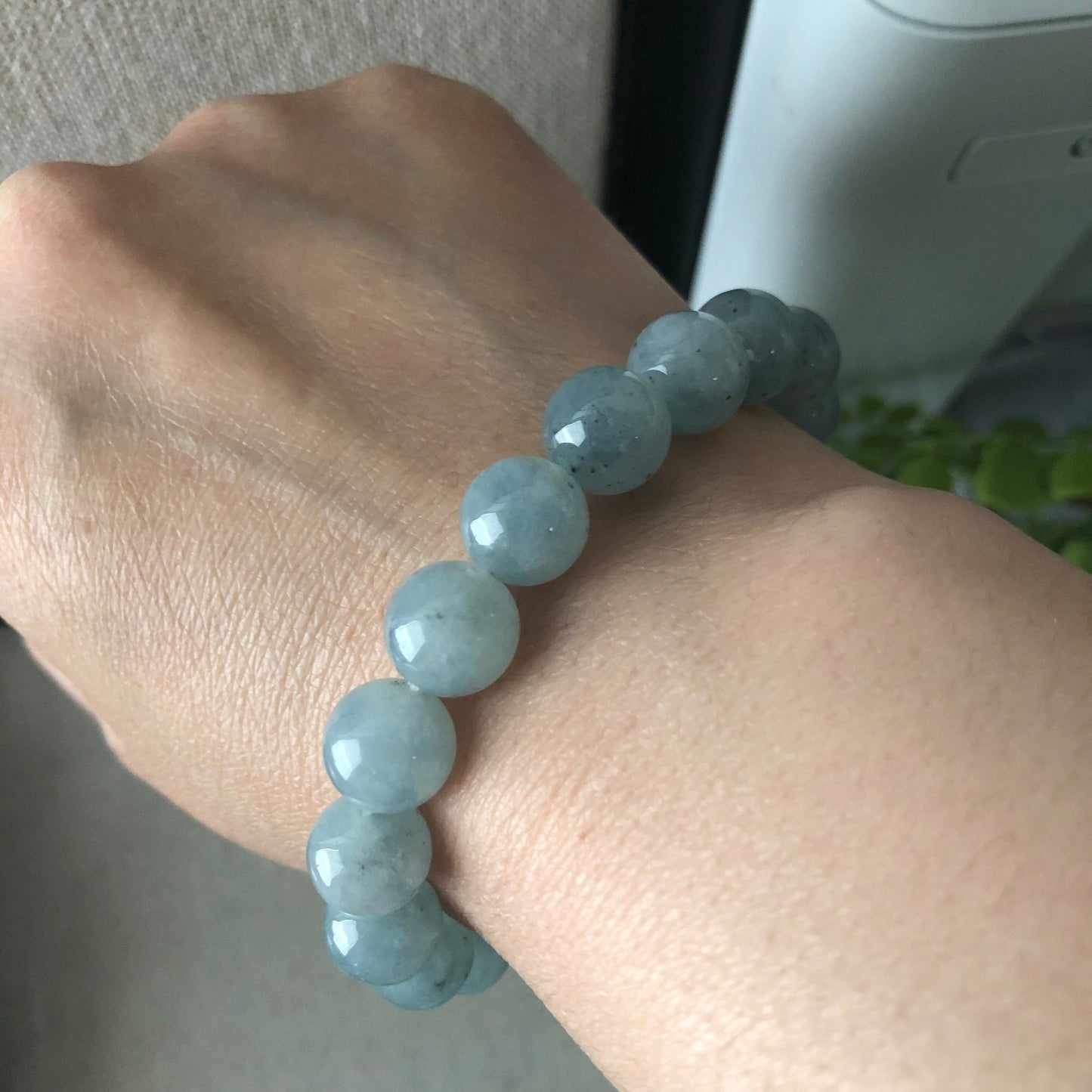 10mm Icy Earthy Wuji Sky Blue Jadeite Jade Bead Bracelet