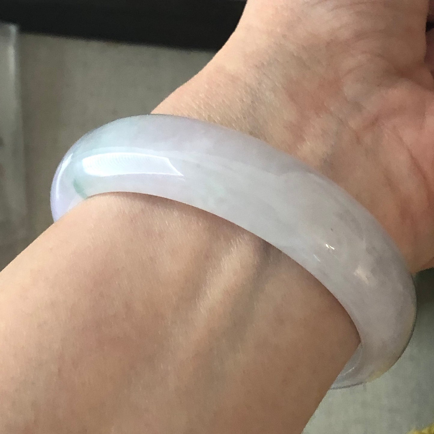 57.5mm Icy Pink Lavender Green Float Flowers Jadeite Jade Bangle