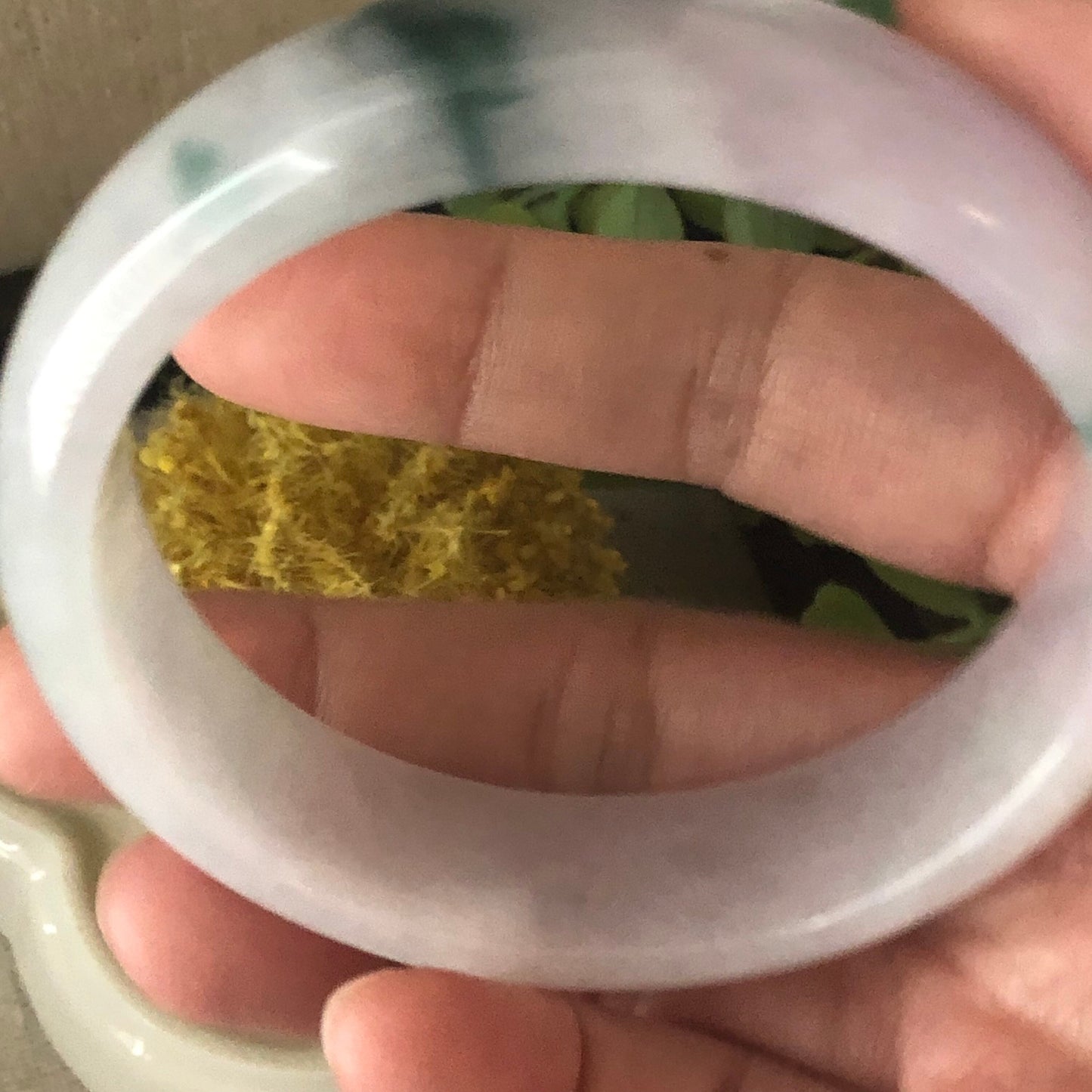 57.5mm Icy Pink Lavender Green Float Flowers Jadeite Jade Bangle