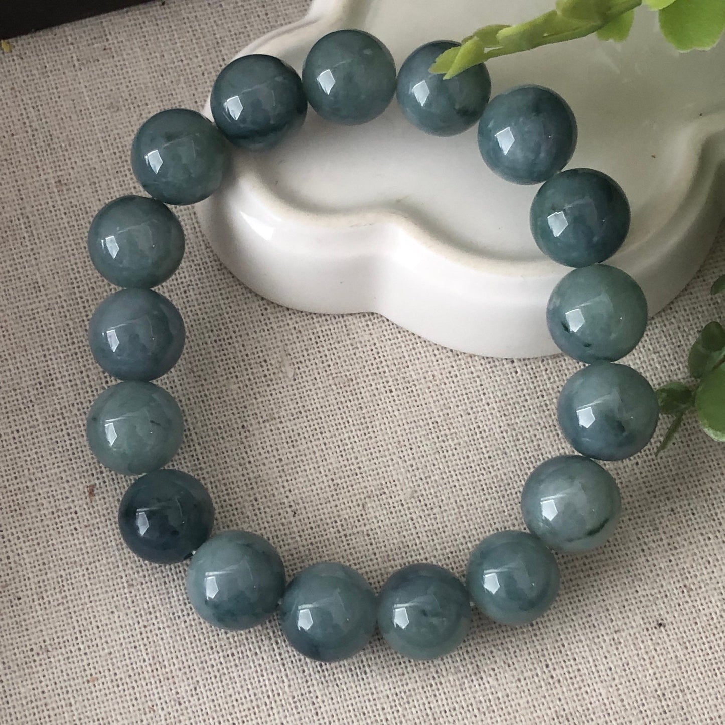 13.2 mm Big Blue Float Flowers Jadeite Jade Bead Bracelet