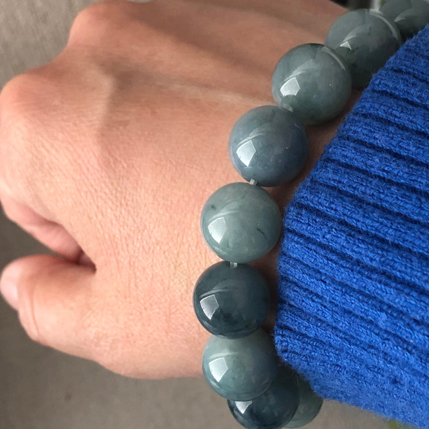 13.2 mm Big Blue Float Flowers Jadeite Jade Bead Bracelet