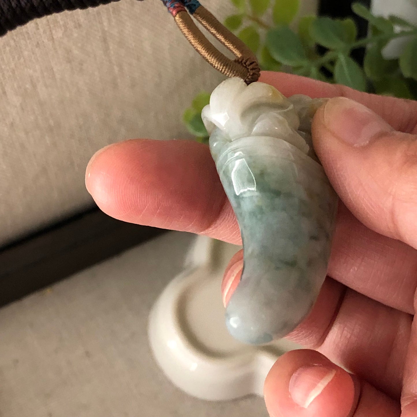 50mm Jadeite Yellow Green Carved Pixiu Tooth Pendant
