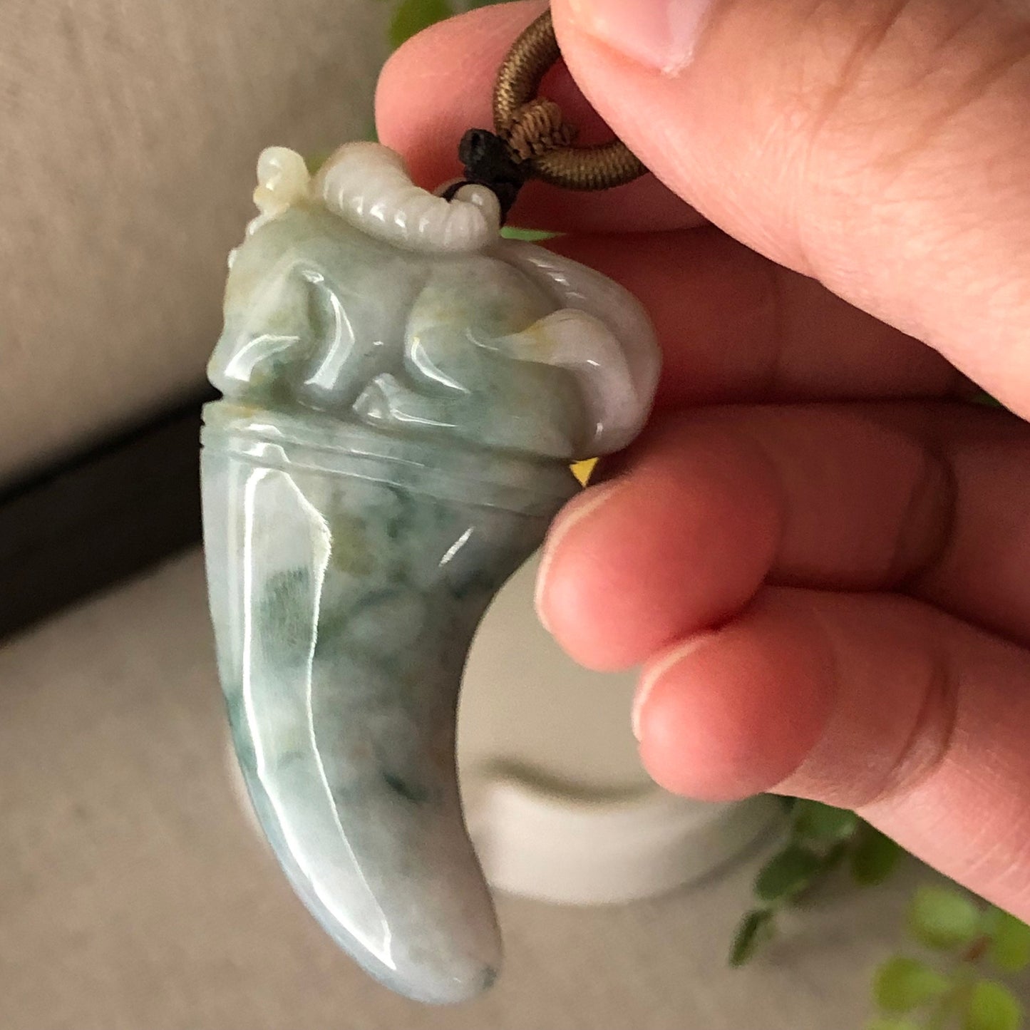 50mm Jadeite Yellow Green Carved Pixiu Tooth Pendant