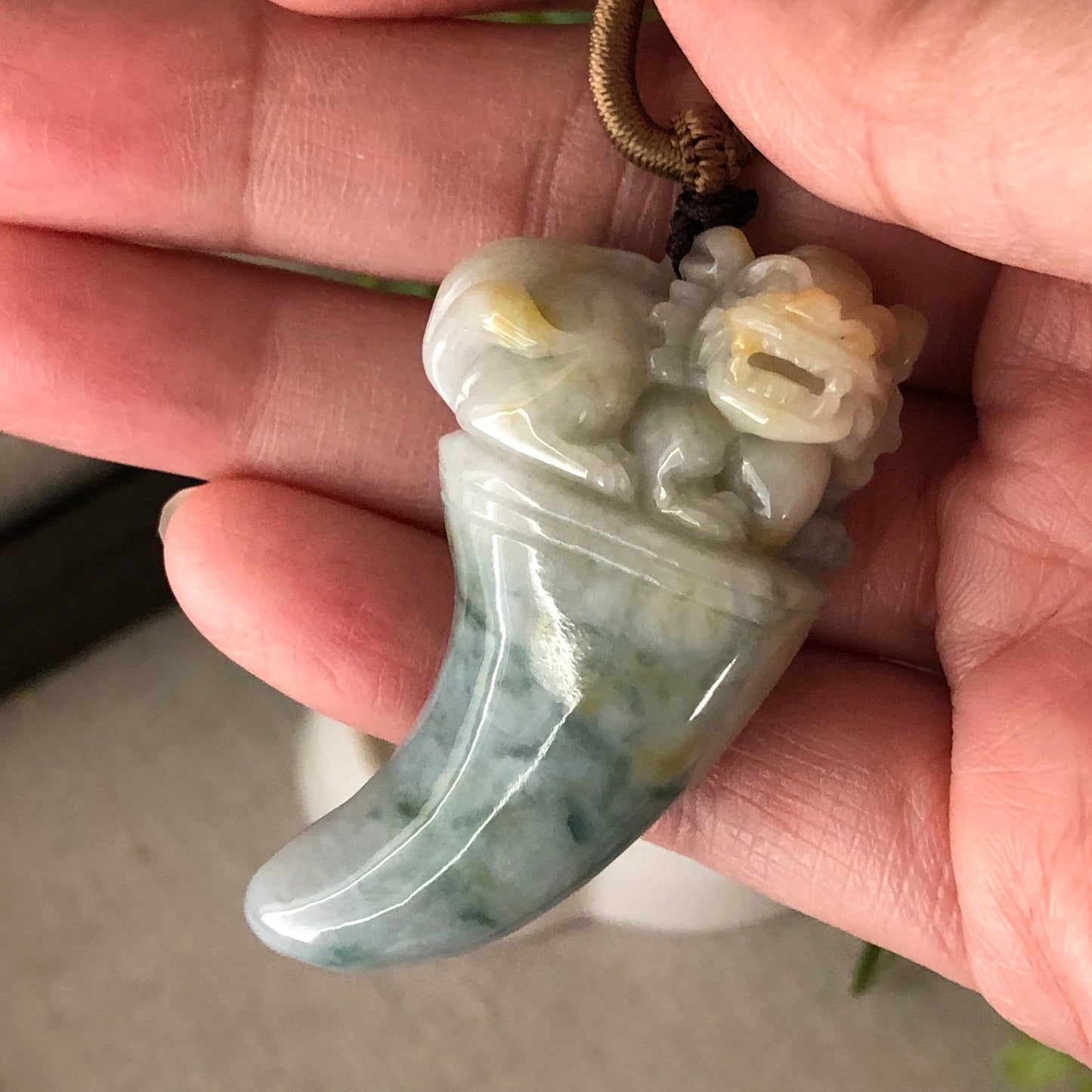 50mm Jadeite Yellow Green Carved Pixiu Tooth Pendant