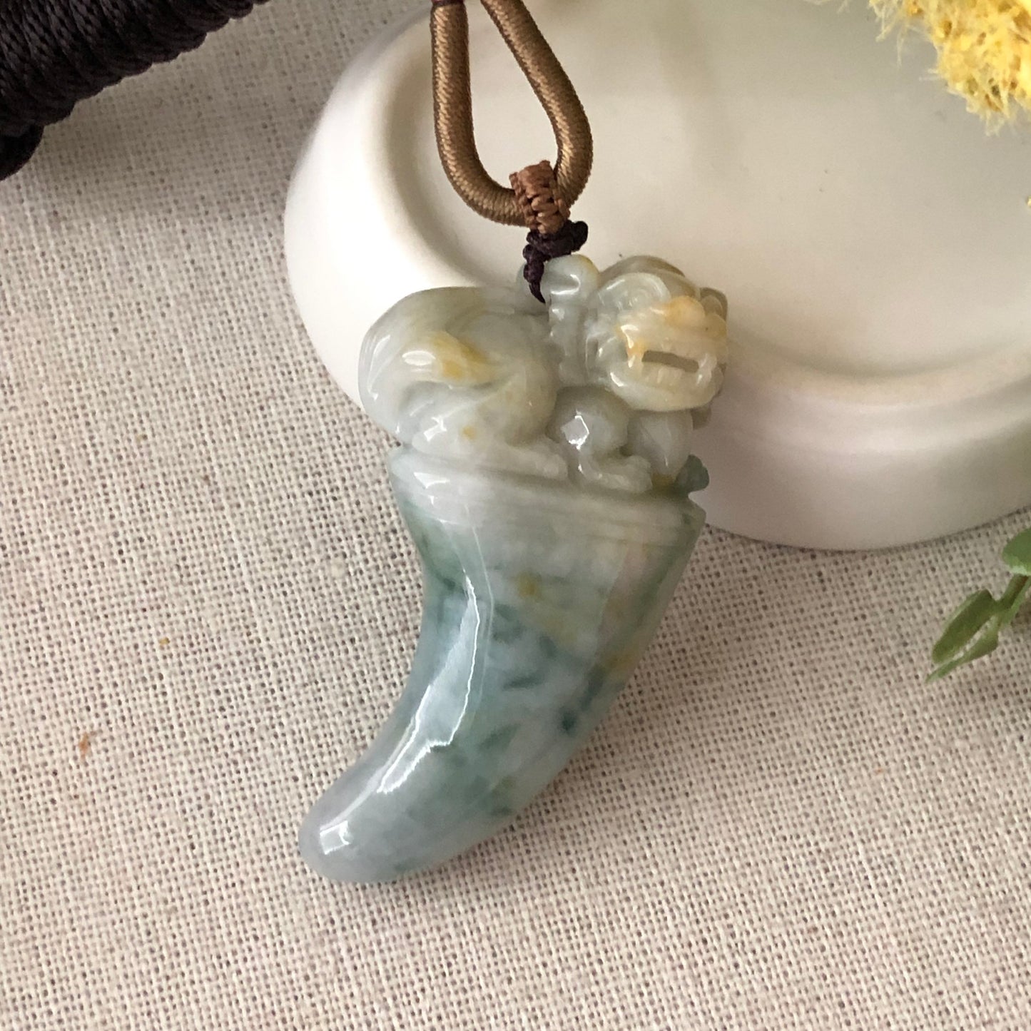 50mm Jadeite Yellow Green Carved Pixiu Tooth Pendant