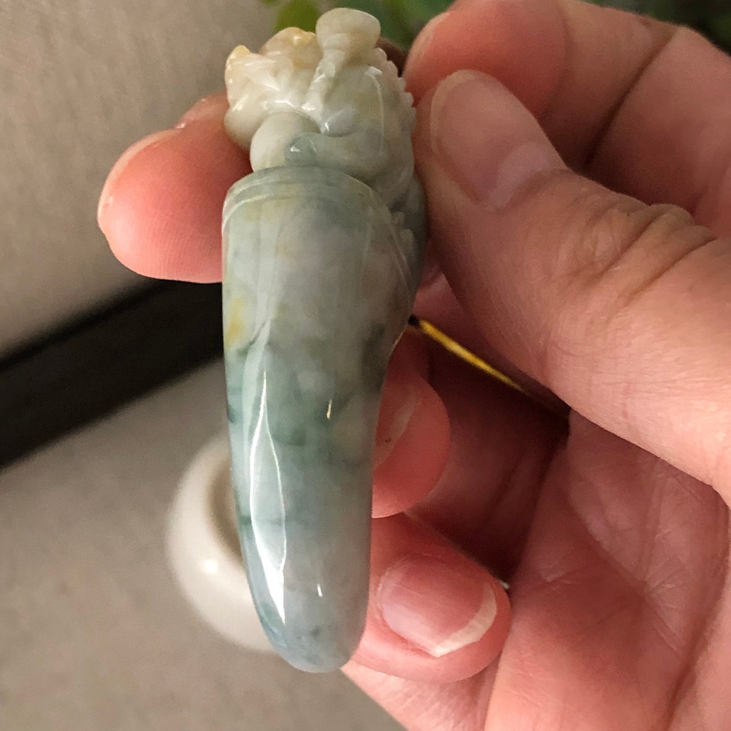 50mm Jadeite Yellow Green Carved Pixiu Tooth Pendant