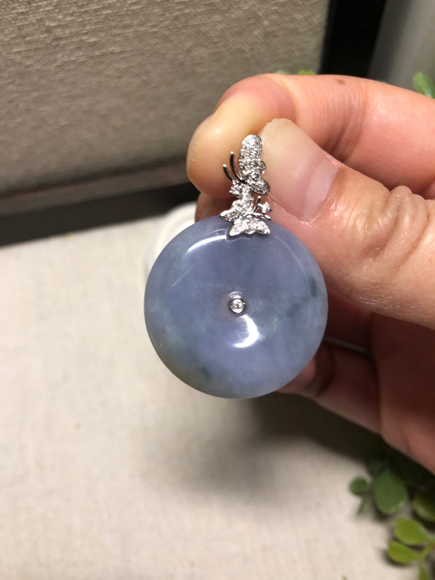 Reserved. 18K 27mm White Gold Lavender Green Float Flowers Jadeite Jade Peace Donut Pendant