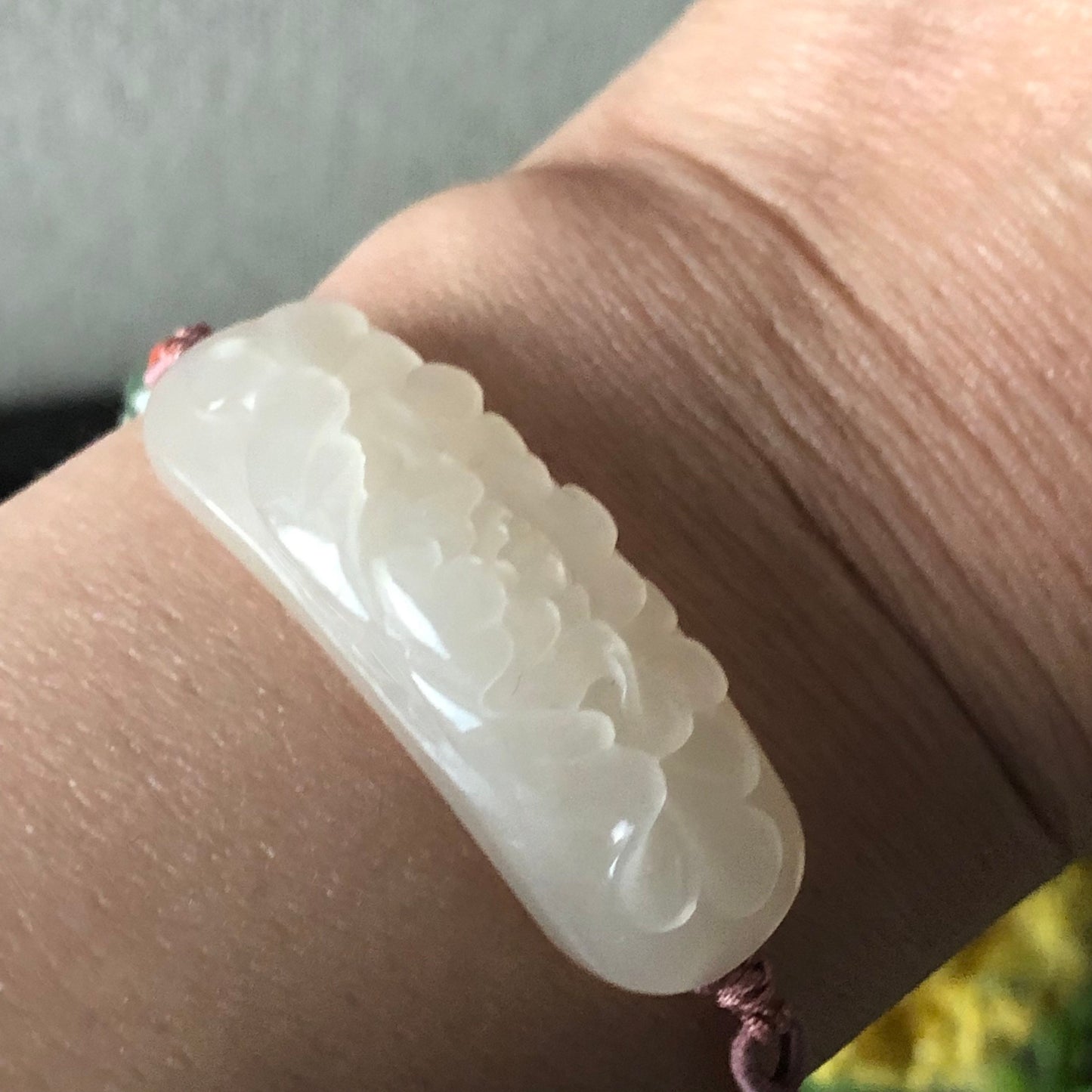 41.2 mm Icy Smoky Pinkish carved Flower Hetian Jade Bracelet