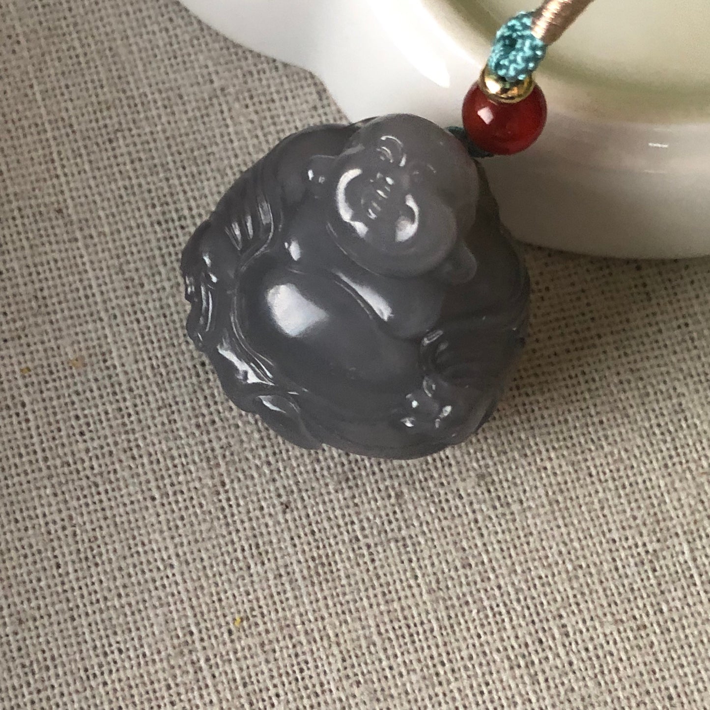 30.5 mm Smoky Lavender Hetian Jade Carved Happy Buddha Pendant