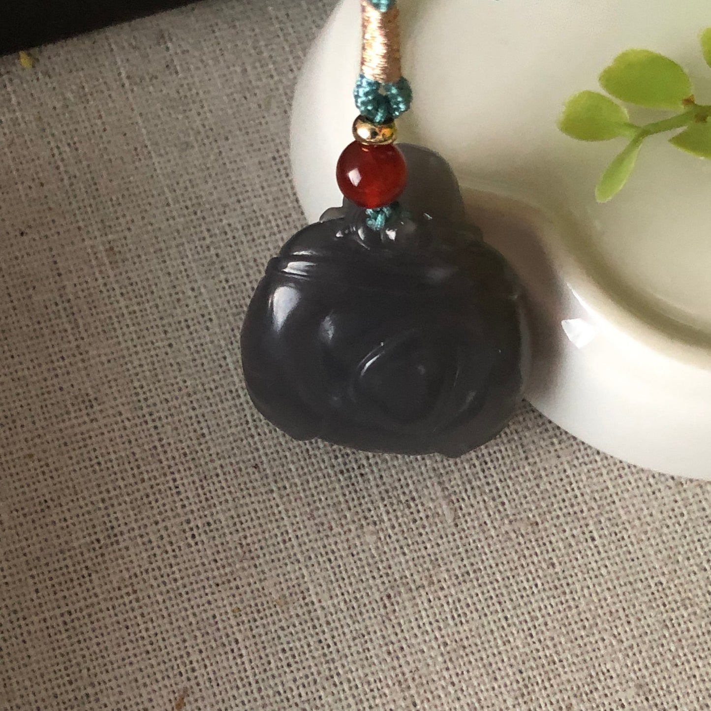 30.5 mm Smoky Lavender Hetian Jade Carved Happy Buddha Pendant