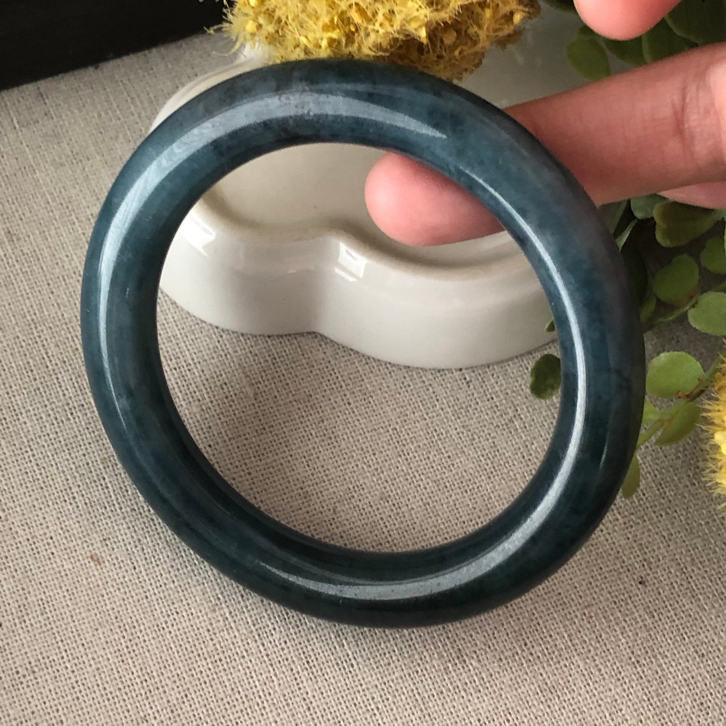 RARE 55-56mm Earthy Blue Jadeite Jade Float Flowers Bangle