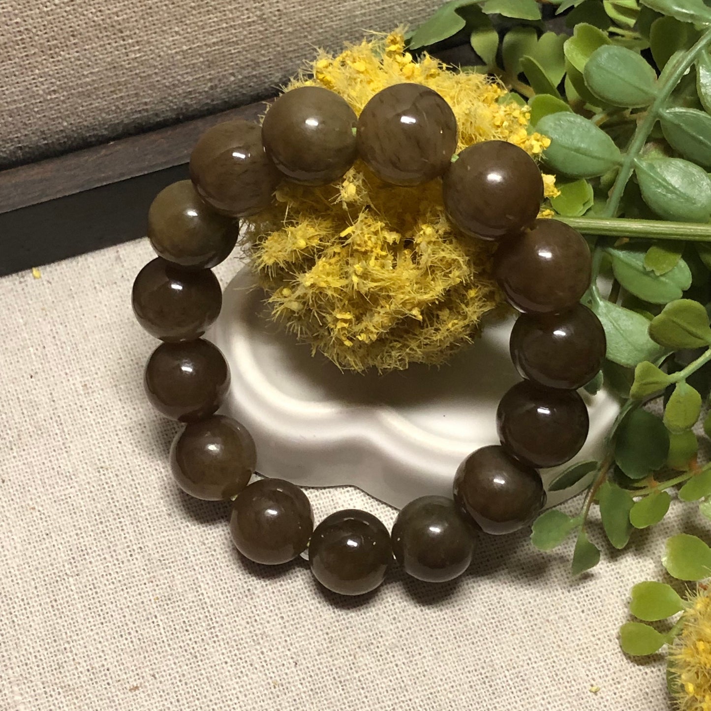 14 mm Big Size Yellow Brown Hetian Jade Bracelet