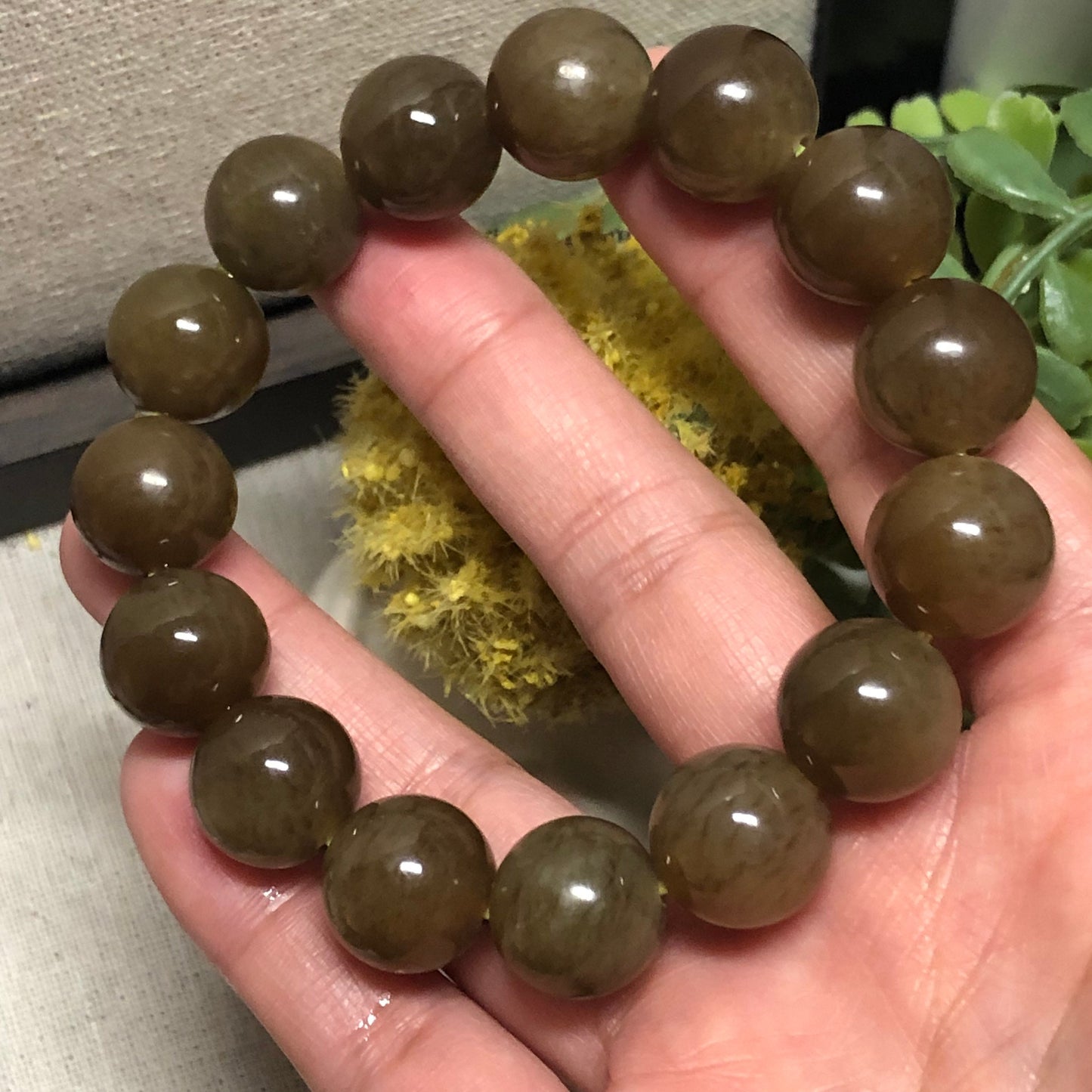 14 mm Big Size Yellow Brown Hetian Jade Bracelet