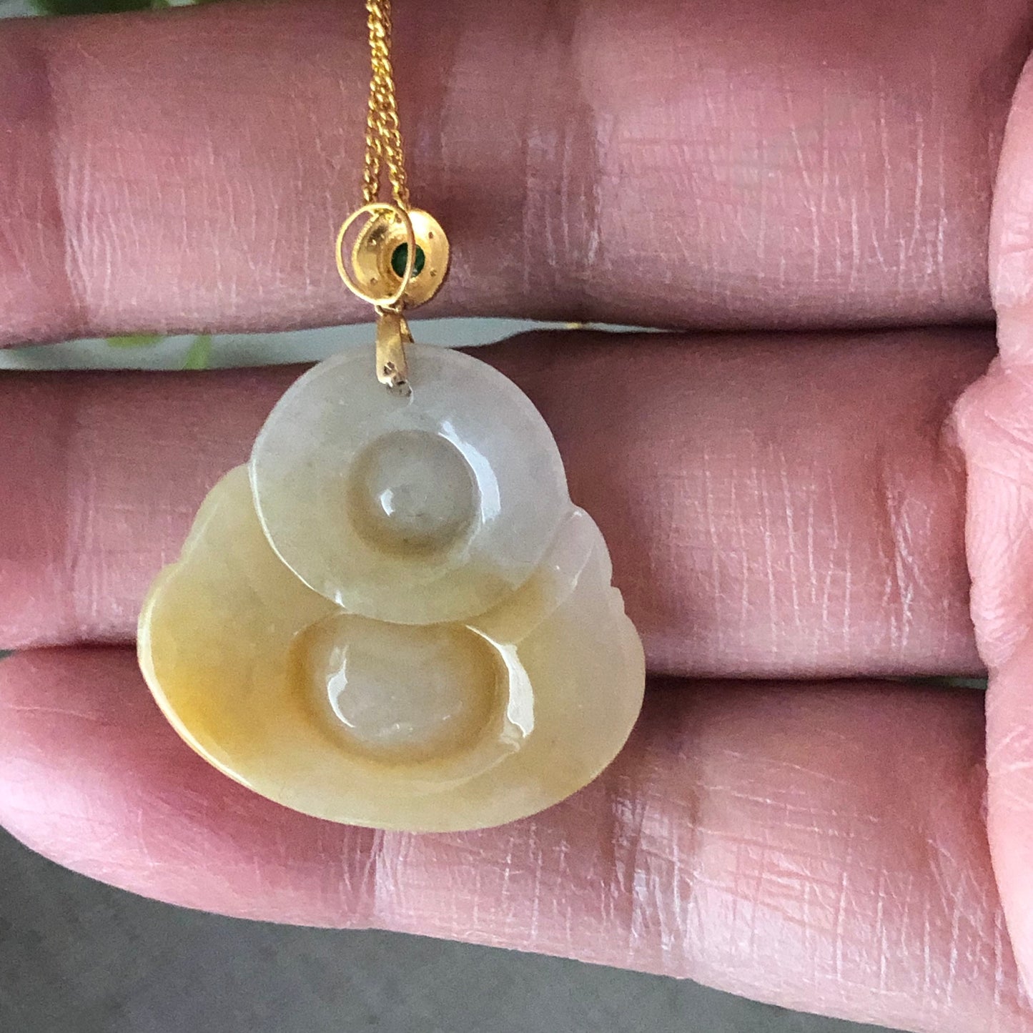 23.2 mm Yellow Brown Carved Buddha Pendant 18K gold bail