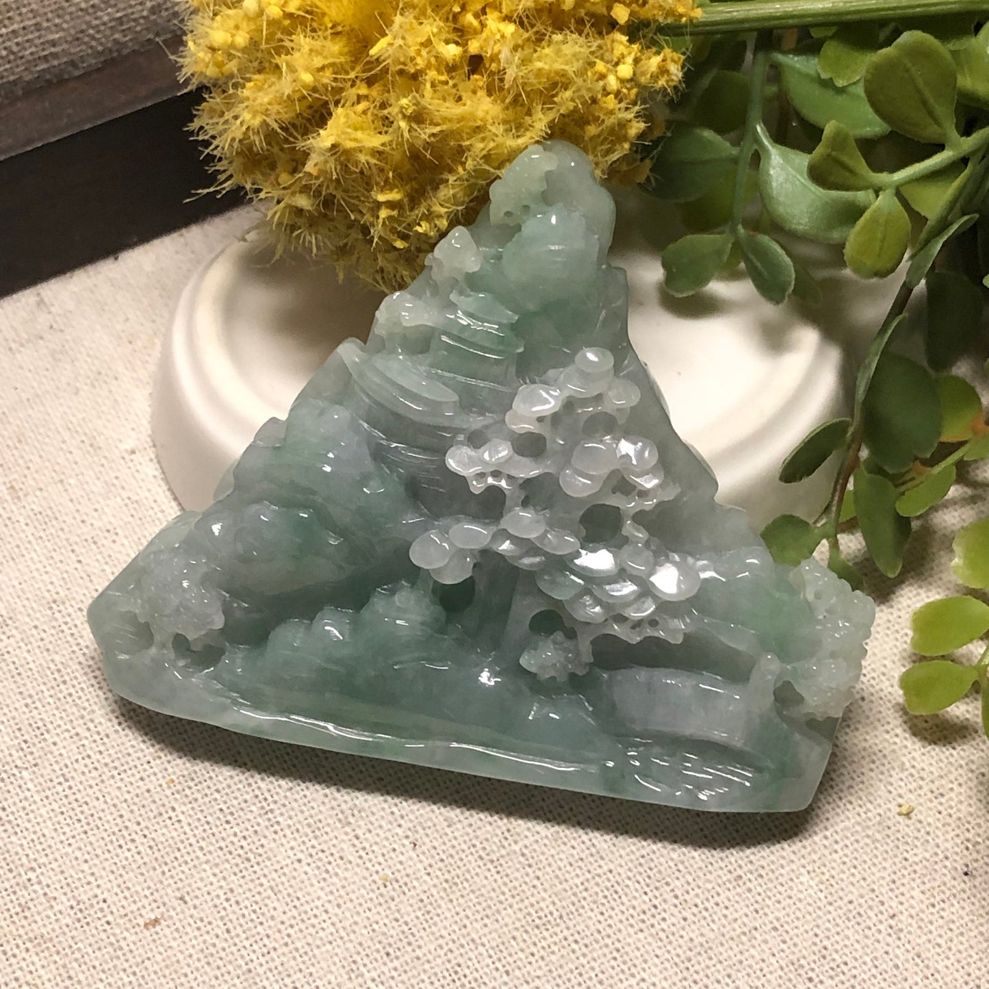 60mm Jadeite Jade Icy Green Carved Statue Display Scenery Landscape