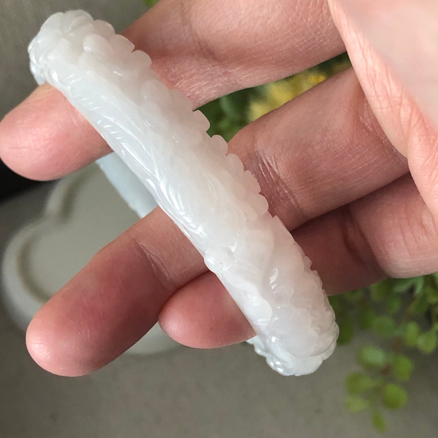 56mm Icy Jadeite Jade Carved Flower Bangle