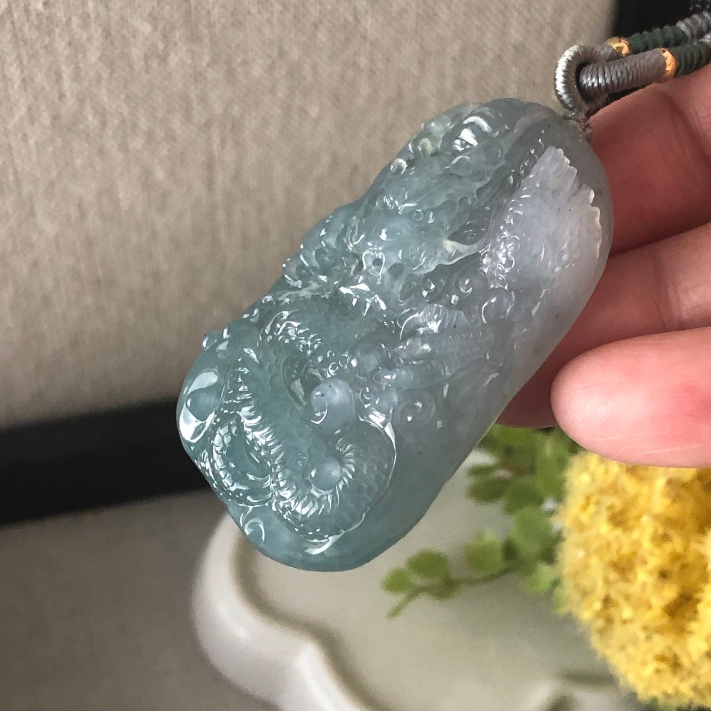 50 mm Icy Wuji Green Jadeite Jade Carved Dragon Pendant