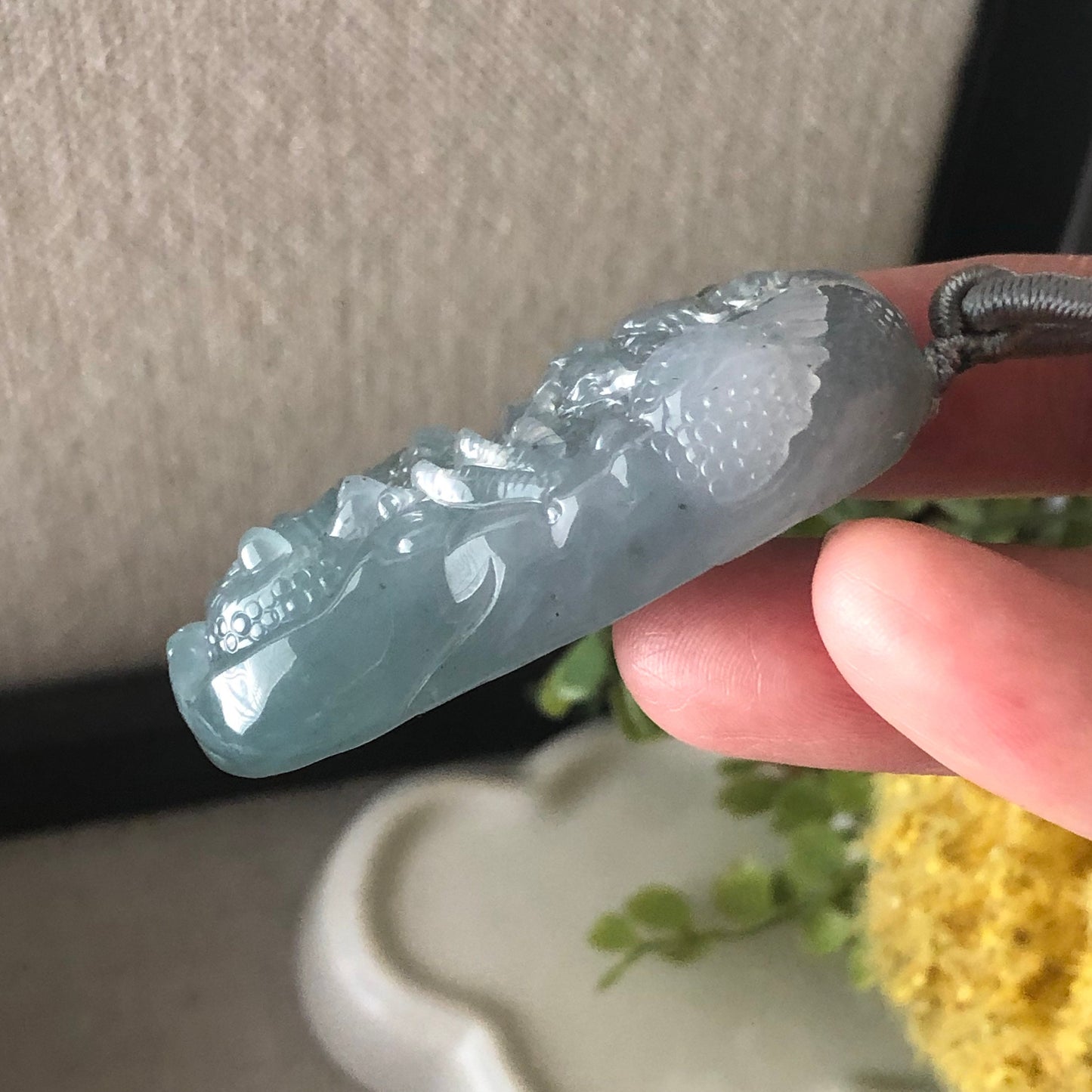 50 mm Icy Wuji Green Jadeite Jade Carved Dragon Pendant
