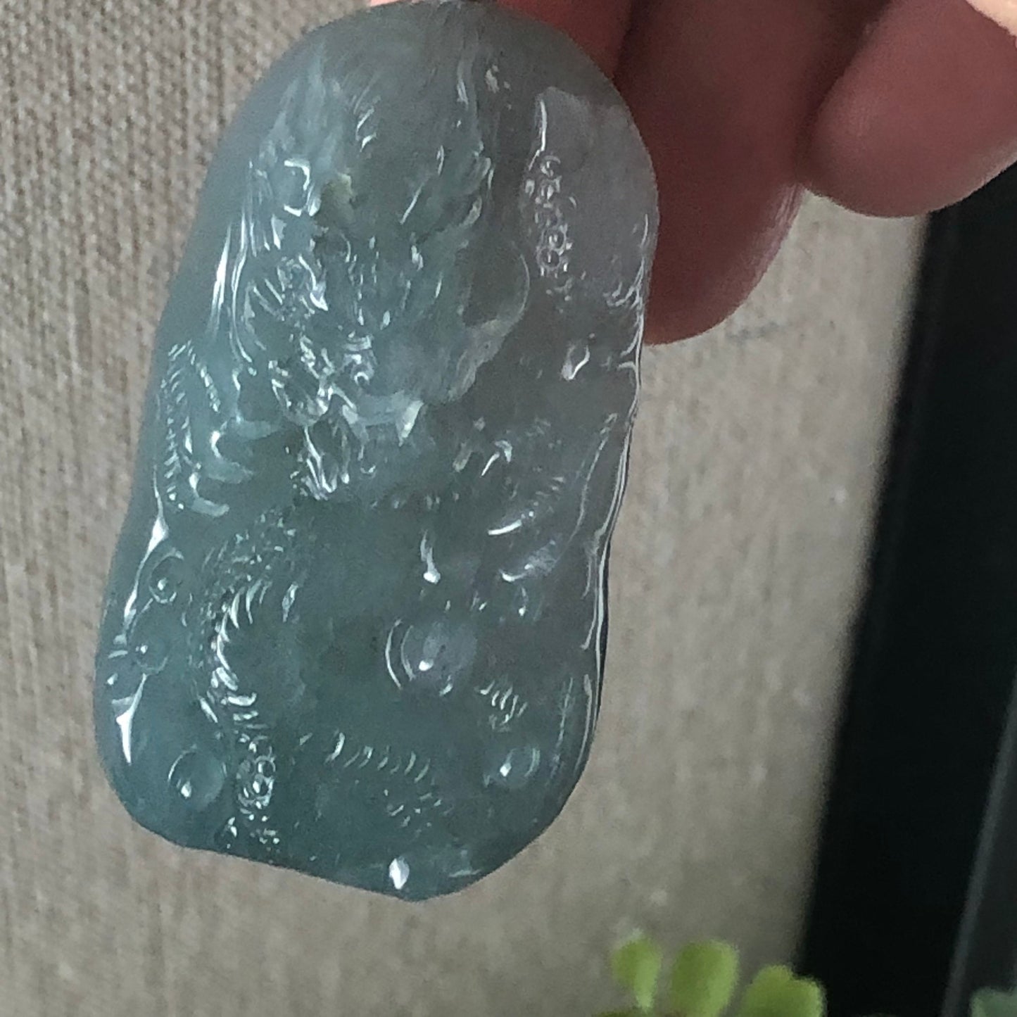 50 mm Icy Wuji Green Jadeite Jade Carved Dragon Pendant