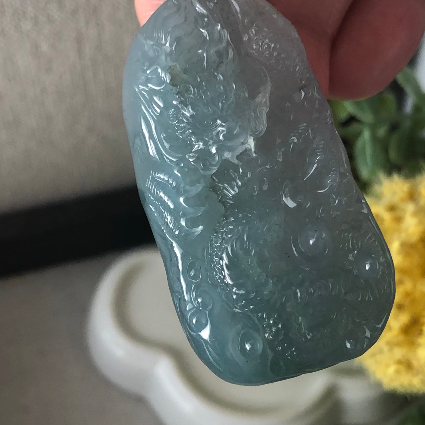50 mm Icy Wuji Green Jadeite Jade Carved Dragon Pendant