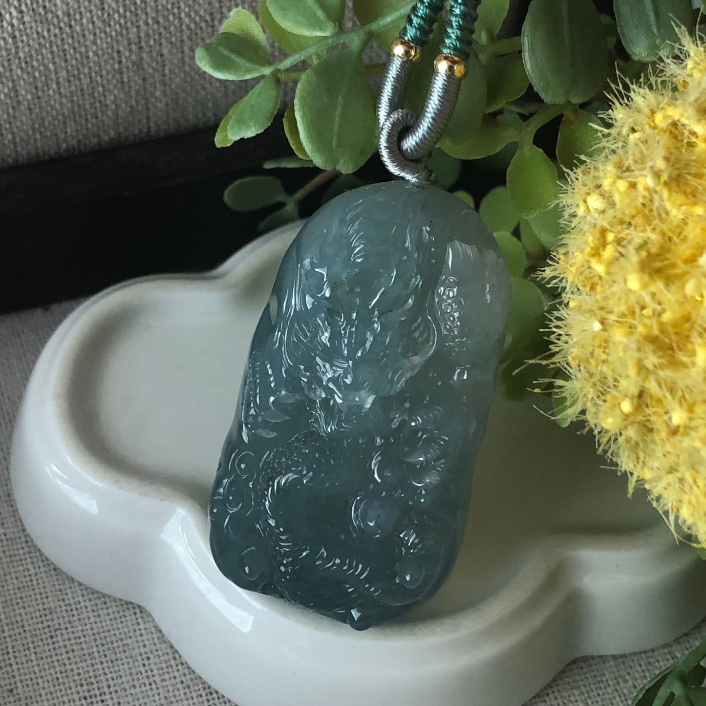 50 mm Icy Wuji Green Jadeite Jade Carved Dragon Pendant