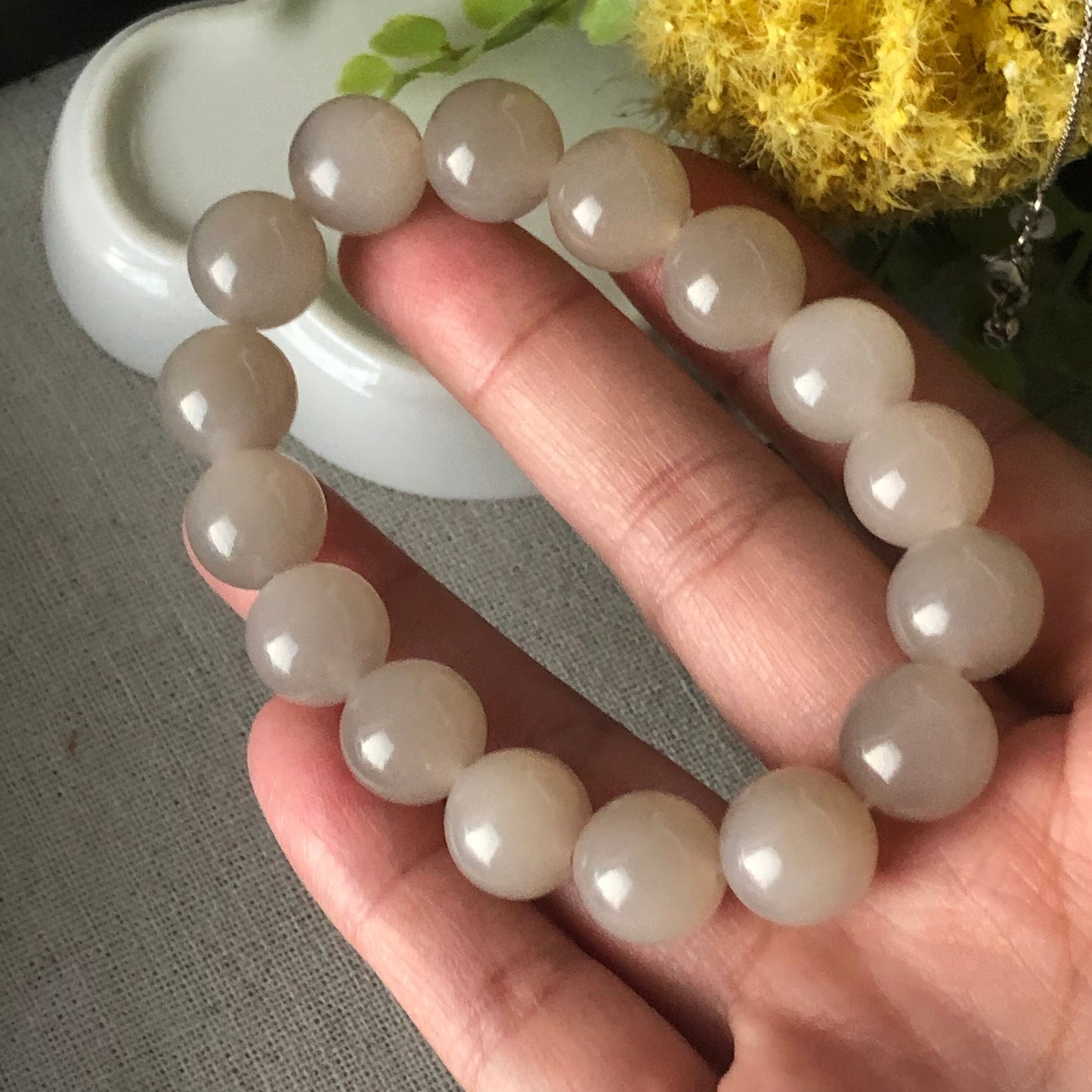 12 mm Icy Pink Lavender Hetian Jade Bead Bracelet RARE