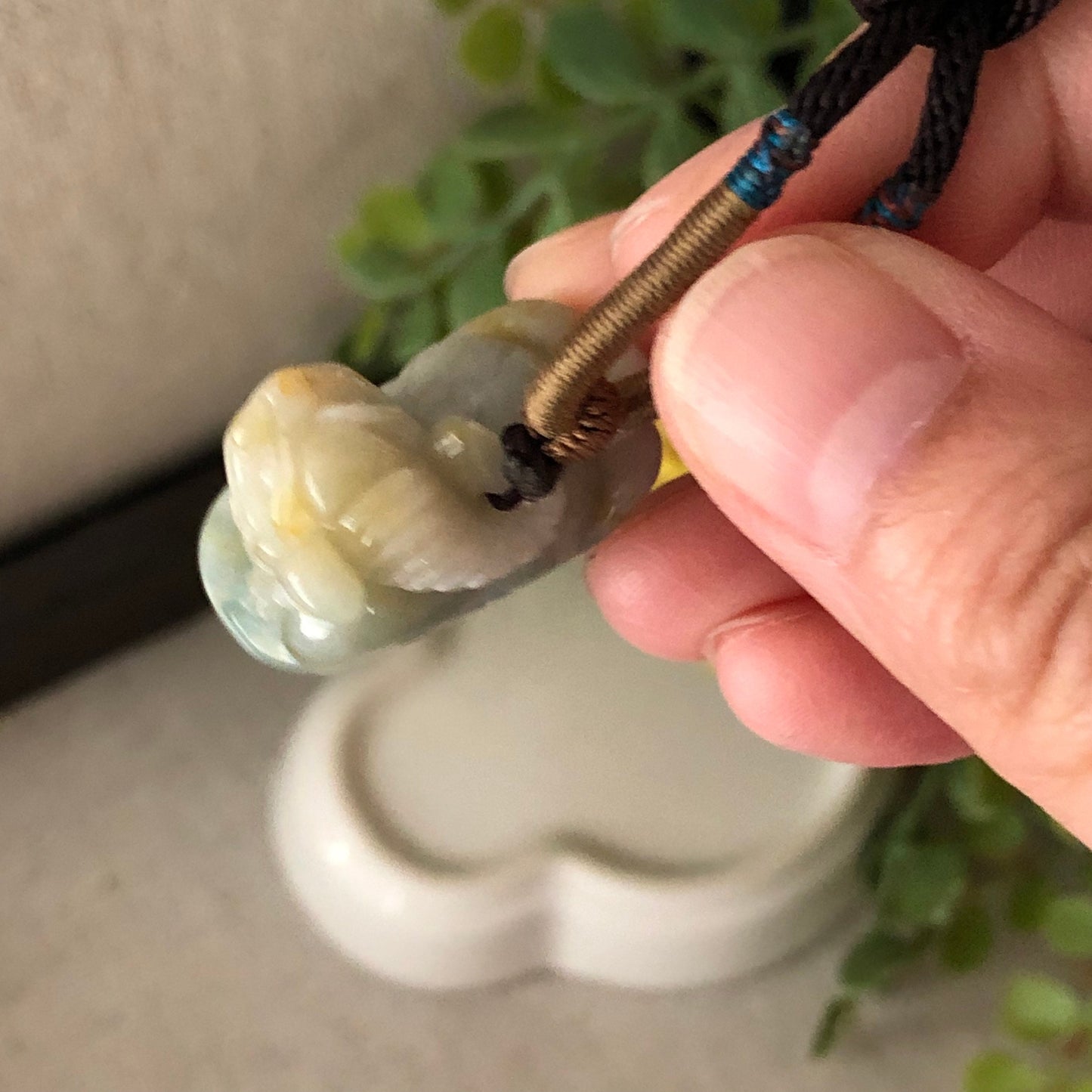 50mm Jadeite Yellow Green Carved Pixiu Tooth Pendant