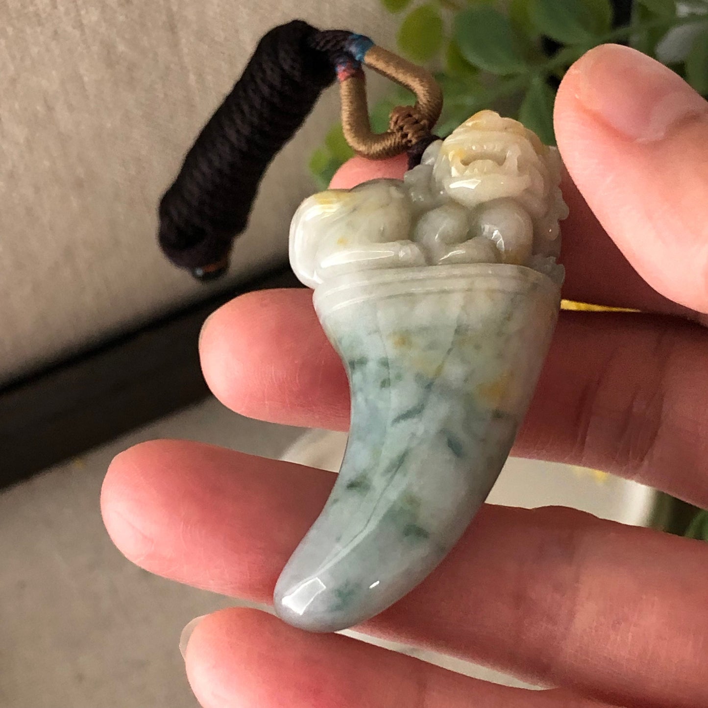 50mm Jadeite Yellow Green Carved Pixiu Tooth Pendant