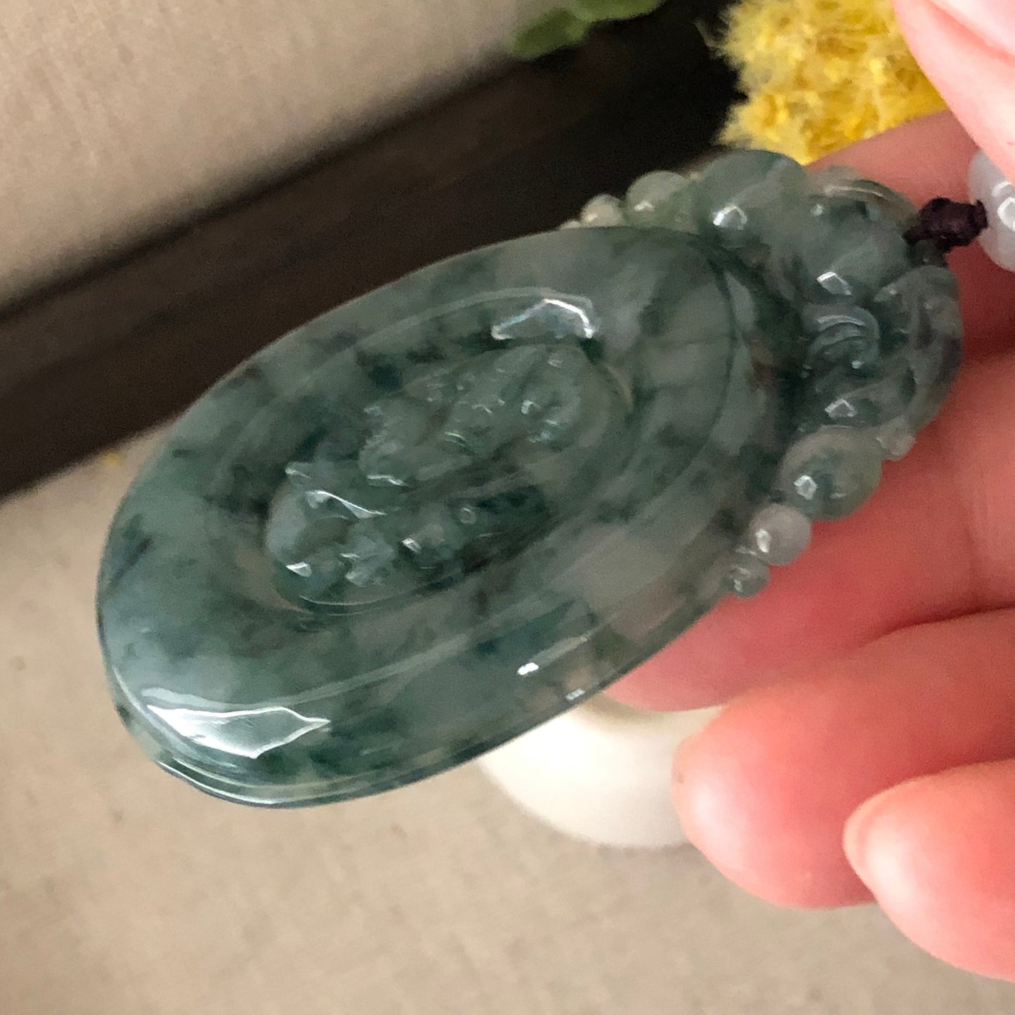 57mm Green Float Flowers Jadeite Jade carved Ruyi Pendant Necklace RARe