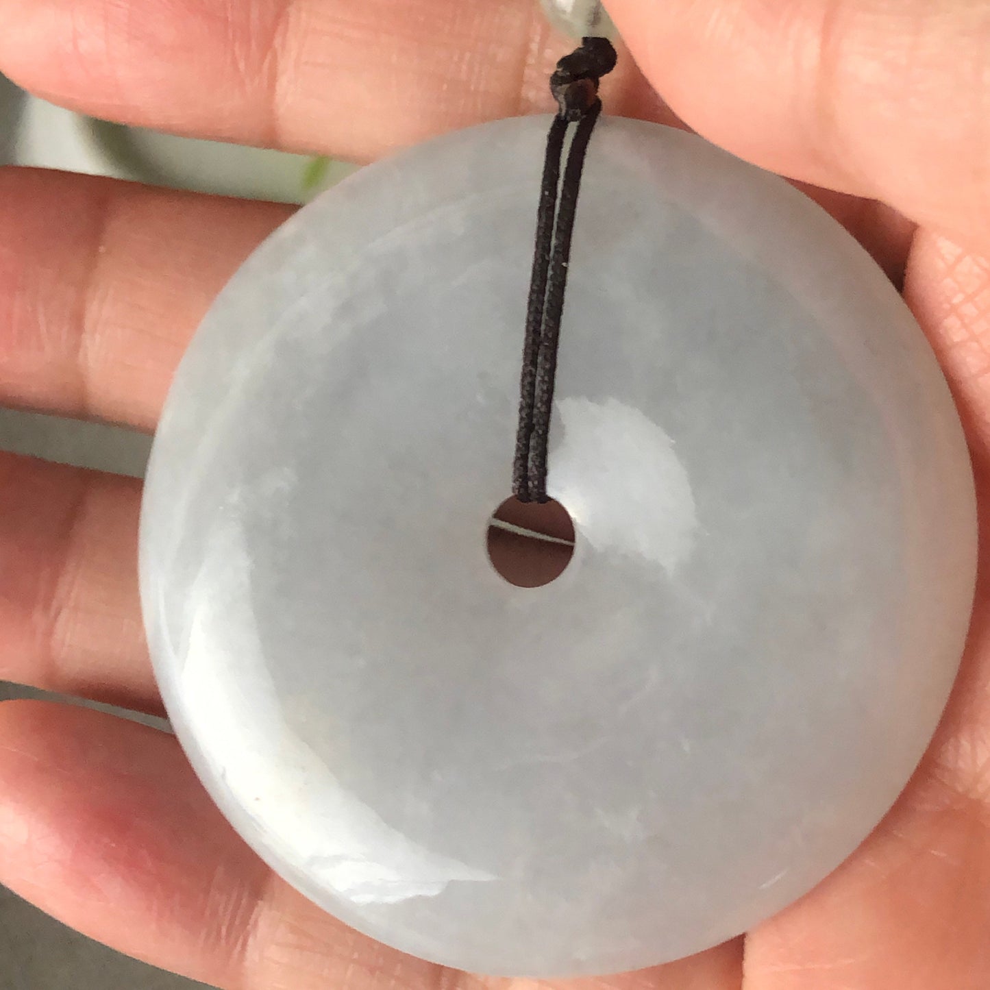 51 mm Grade Icy Tint green Jadeite Jade Carved flower Peace Donut Pendant