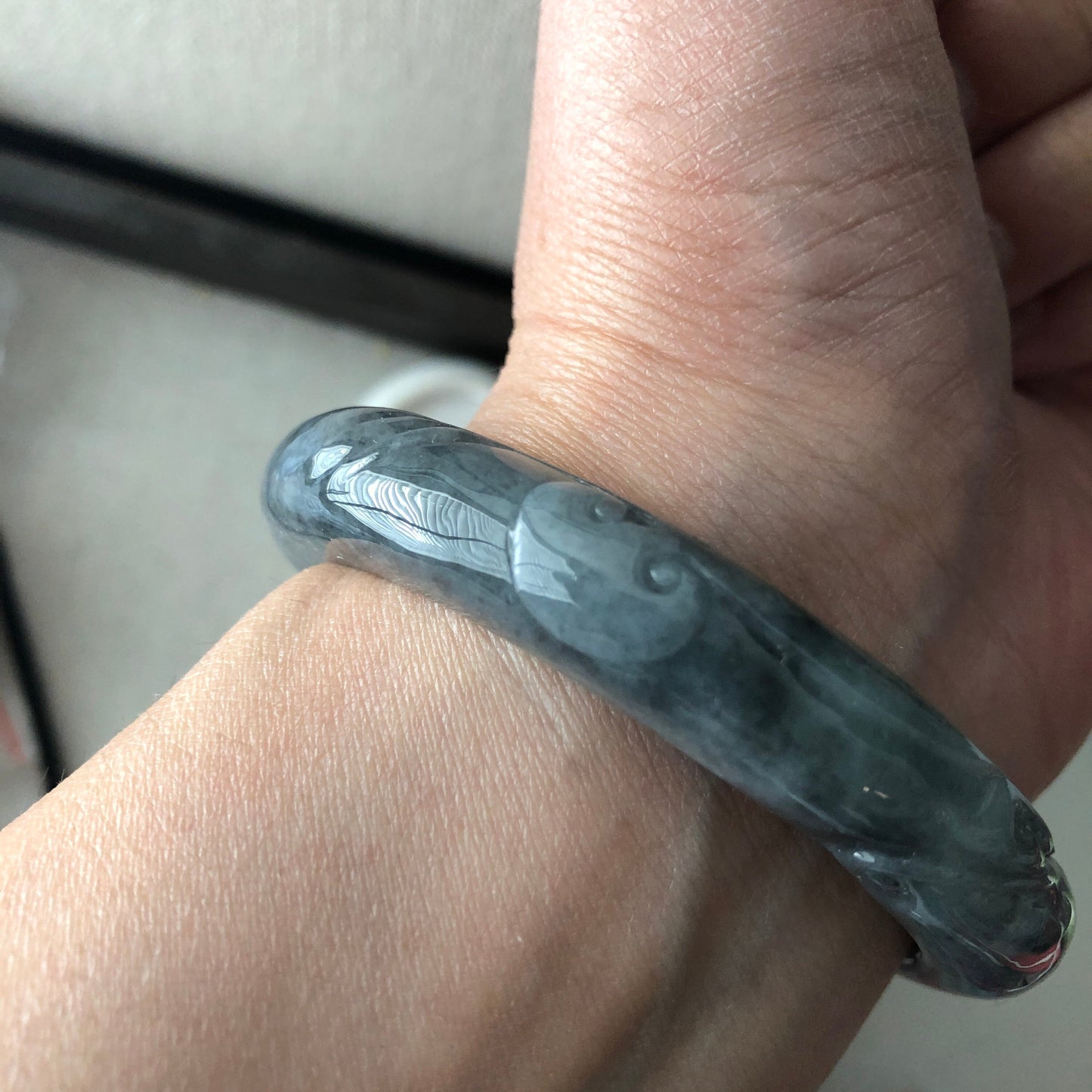 55.6 mm Jadeite Jade Icy Black Wuji Carved Ruyi Wave D-Shaped Bangle