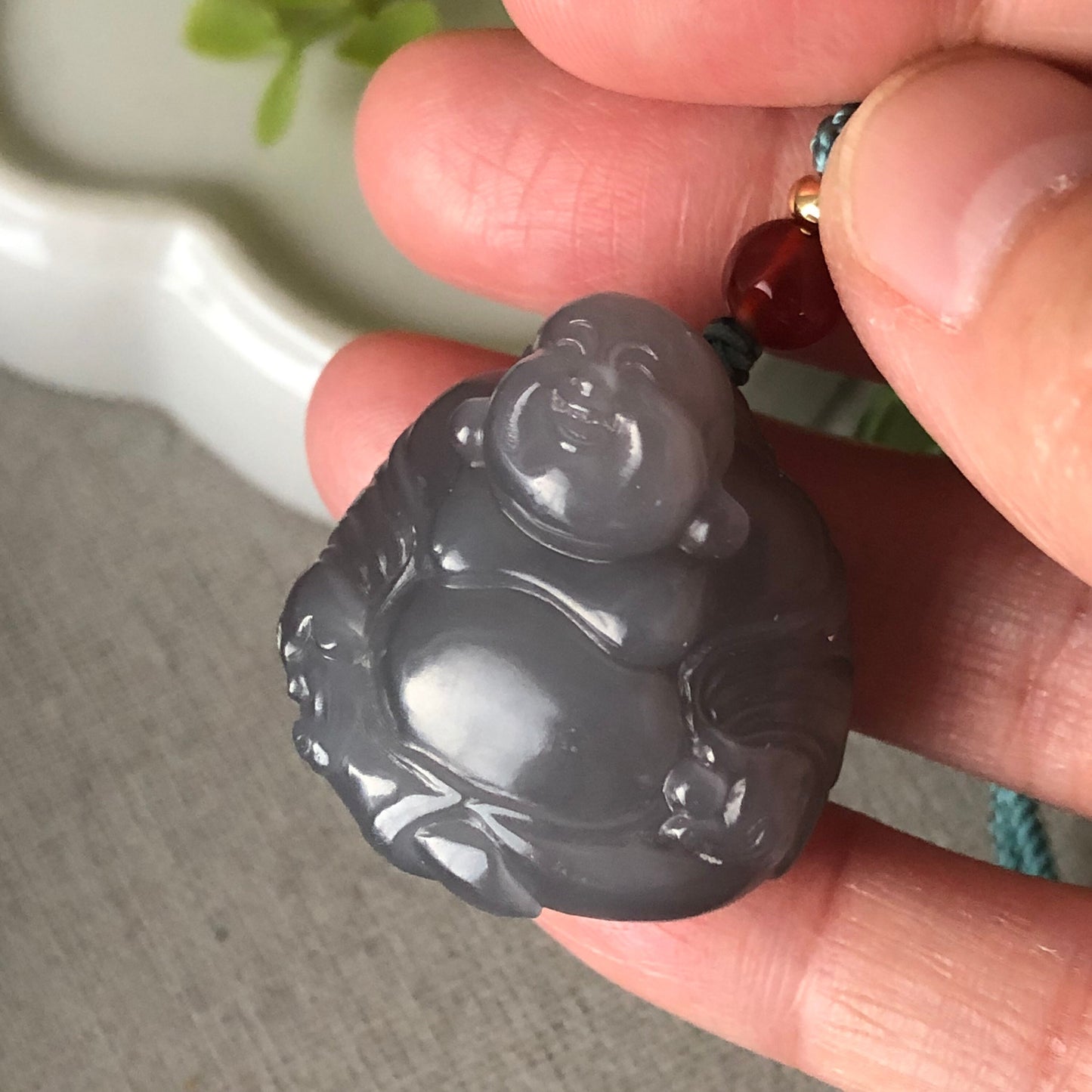30.5 mm Smoky Lavender Hetian Jade Carved Happy Buddha Pendant