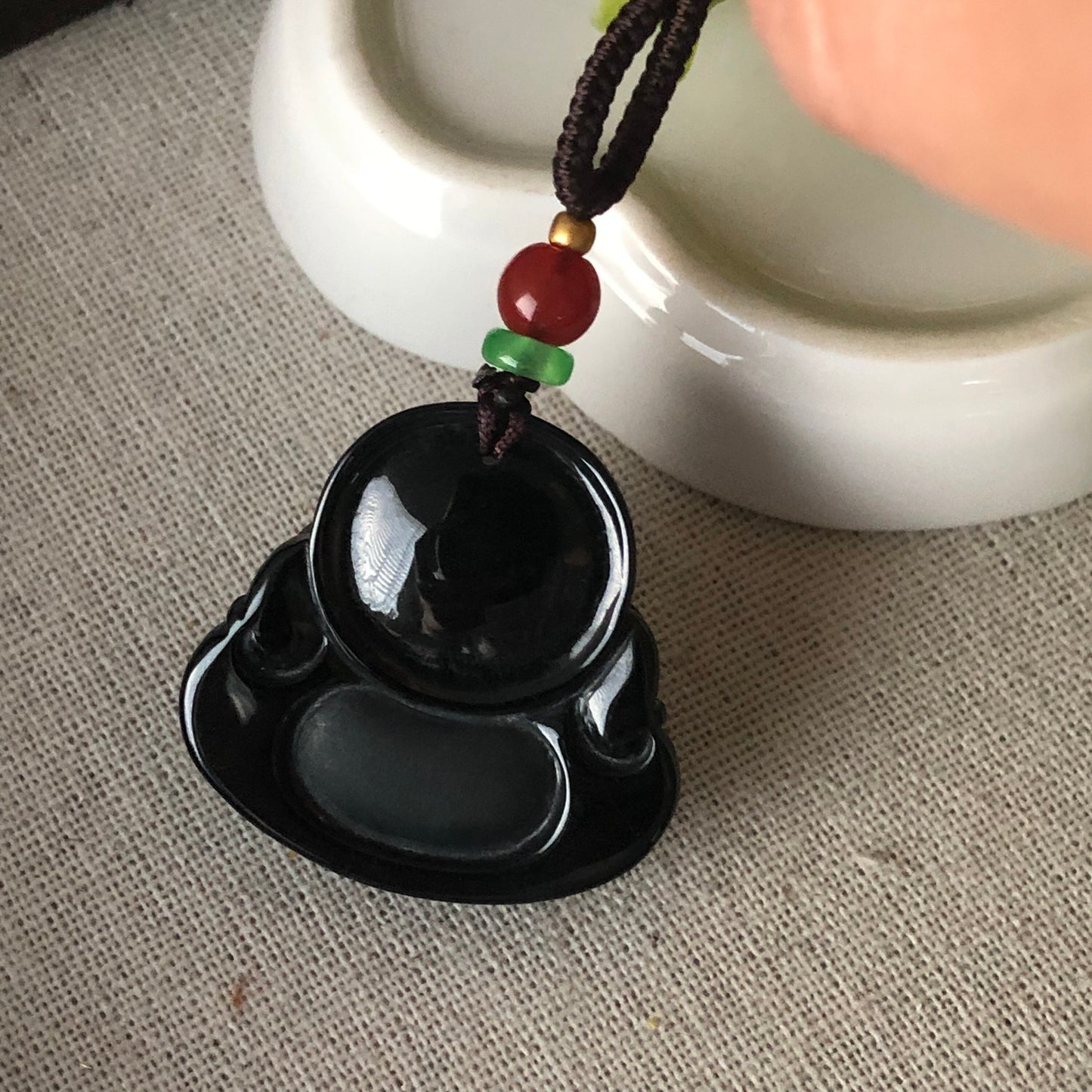 32mm Carved Black Omphacite Jade Jadeite Happy Buddha Pendant