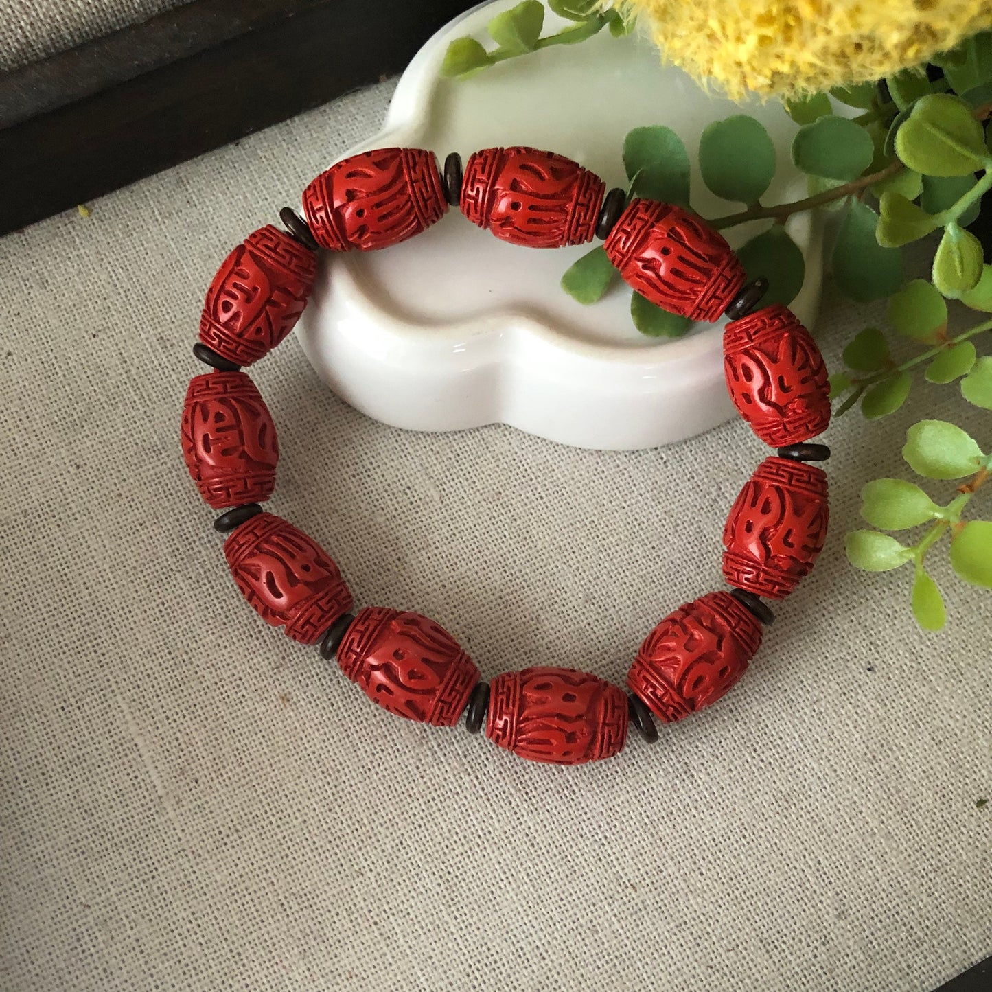 11.3x17 mm Red Carved six Word Blessing Cinnabar Bead Bracelet