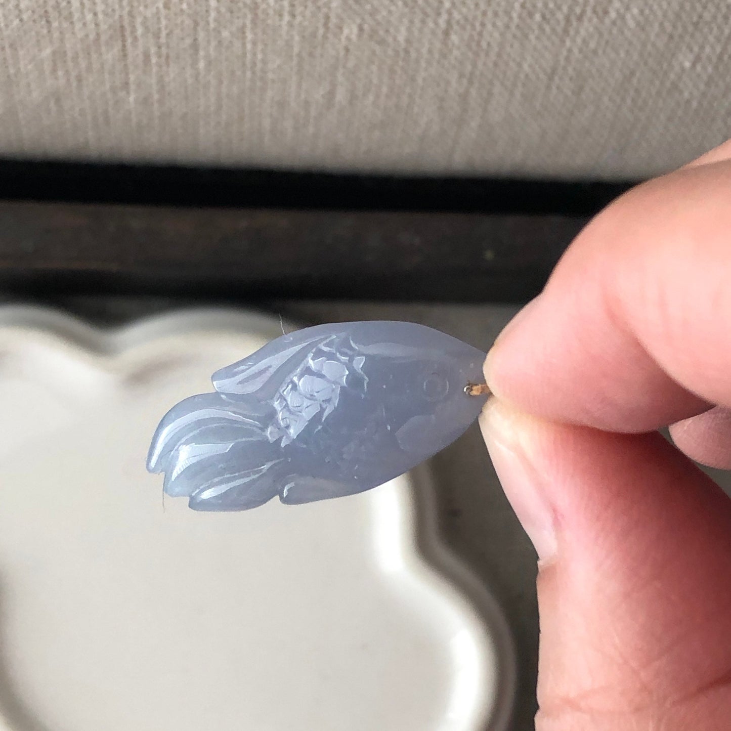 30mm Icy Blue Lavender Carved Fish Jadeite Jade Pendant 18K White Gold Bail