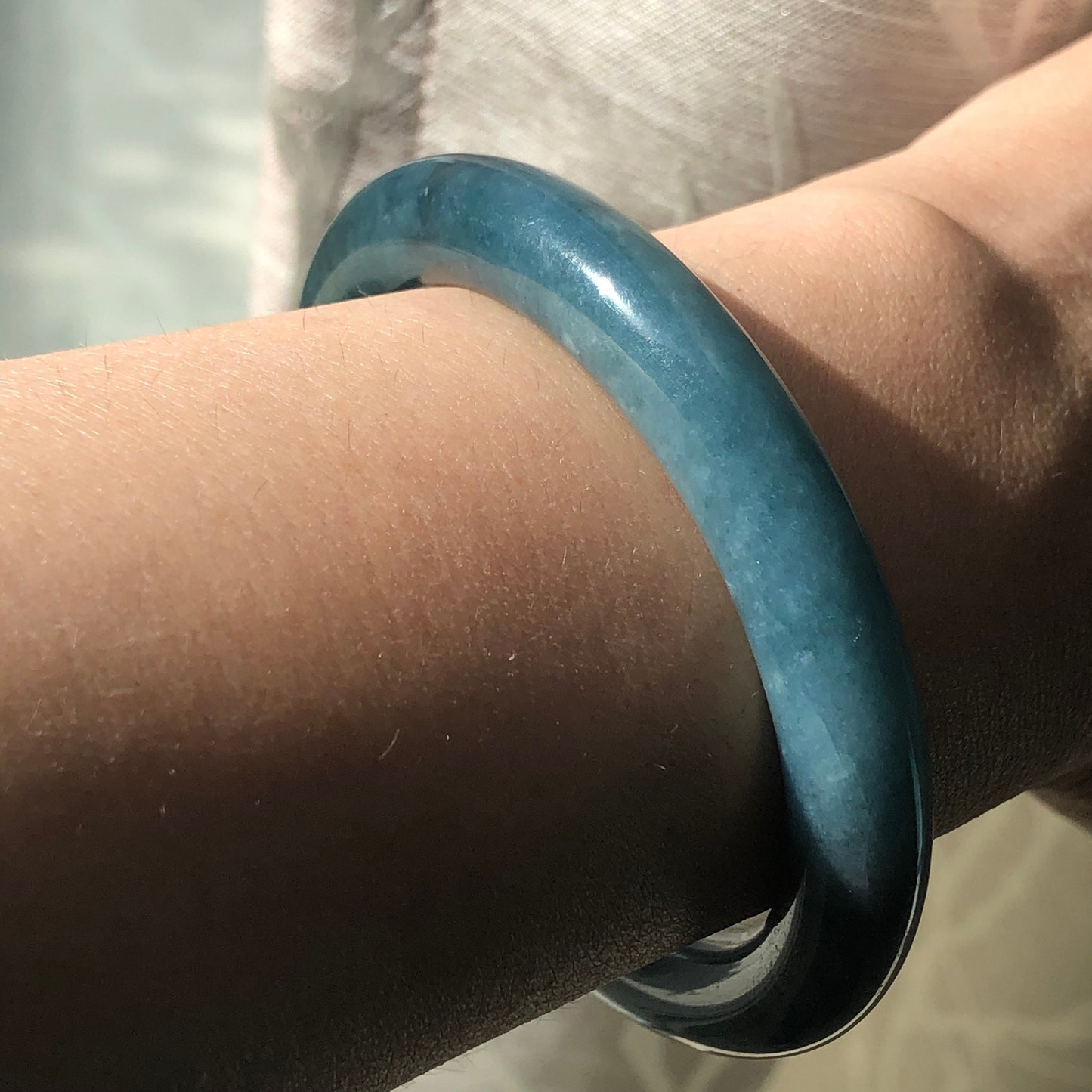 RARE 55-56mm Earthy Blue Jadeite Jade Float Flowers Bangle
