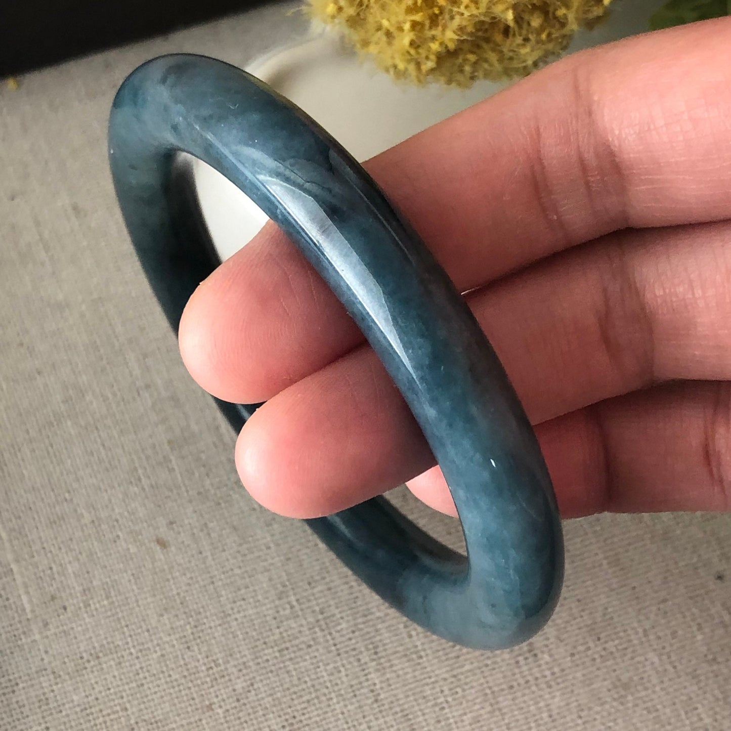 RARE 55-56mm Earthy Blue Jadeite Jade Float Flowers Bangle