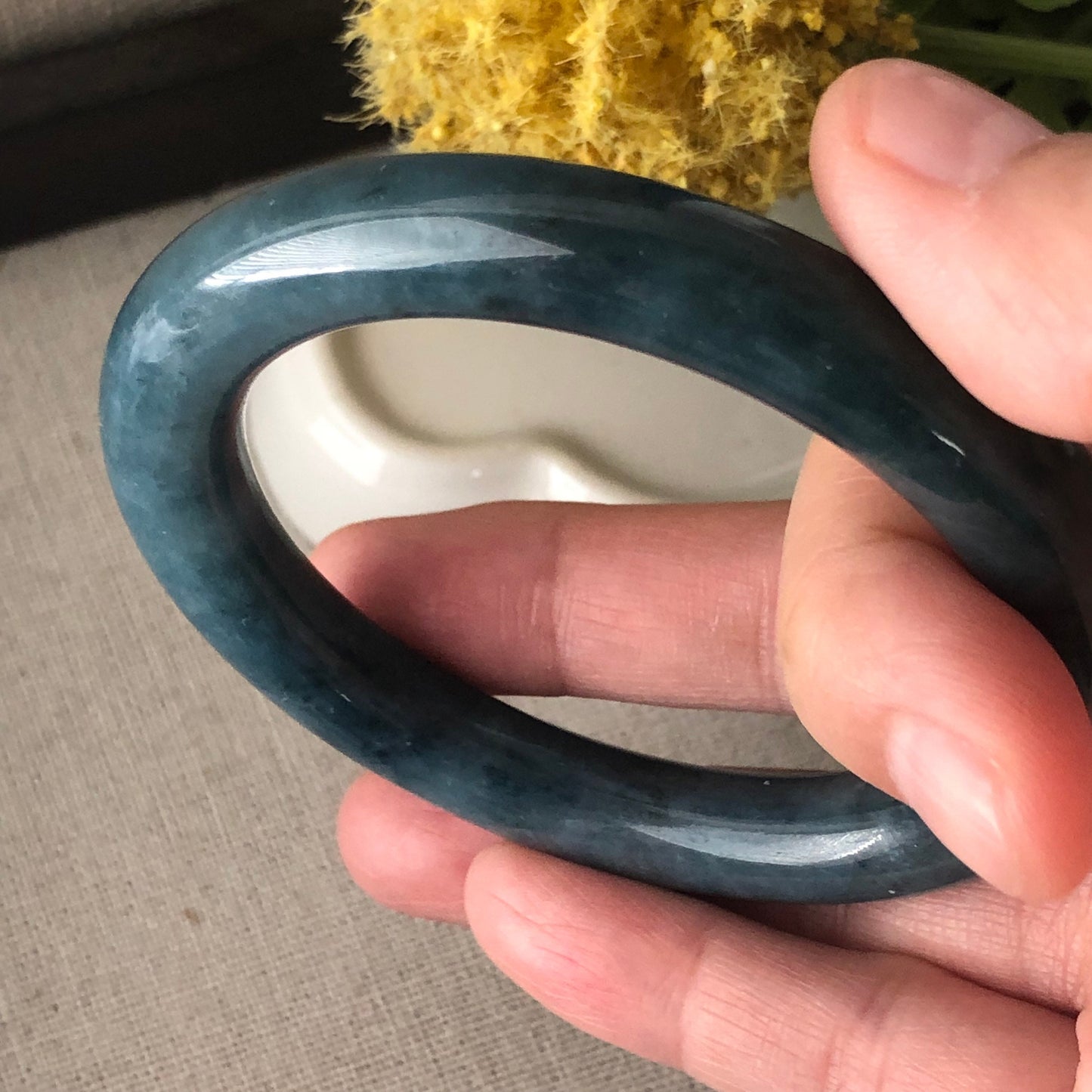 RARE 55-56mm Earthy Blue Jadeite Jade Float Flowers Bangle
