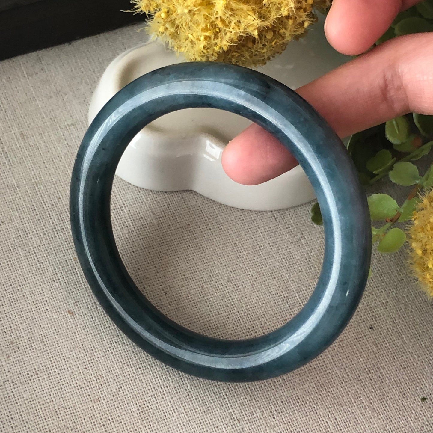 RARE 55-56mm Earthy Blue Jadeite Jade Float Flowers Bangle