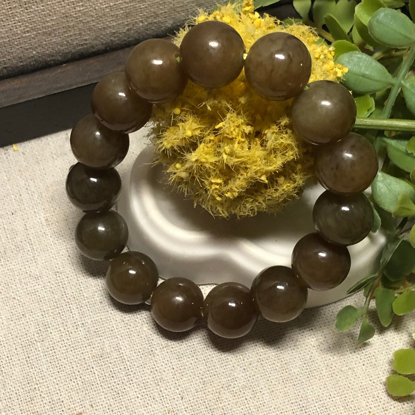 14 mm Big Size Yellow Brown Hetian Jade Bracelet