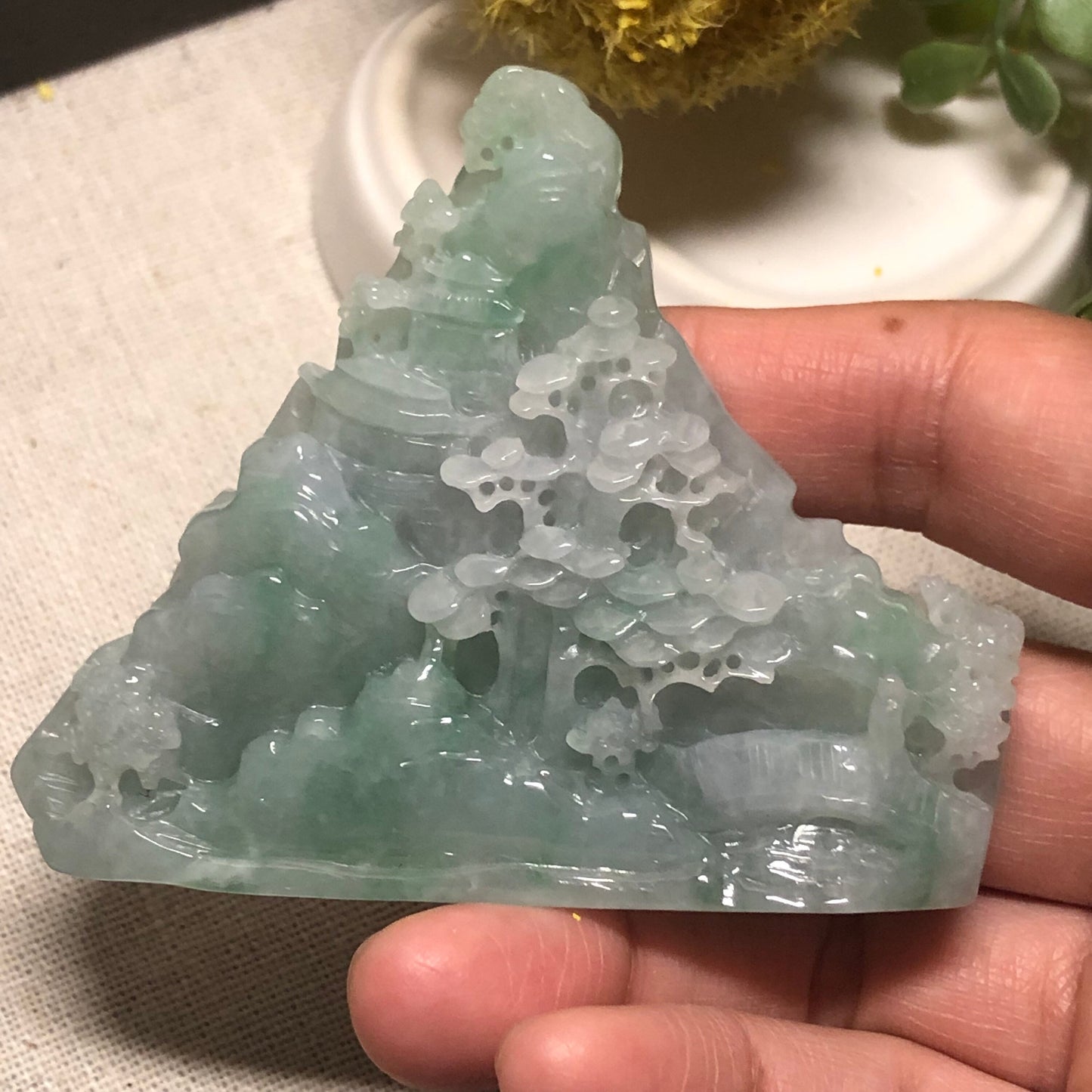 60mm Jadeite Jade Icy Green Carved Statue Display Scenery Landscape