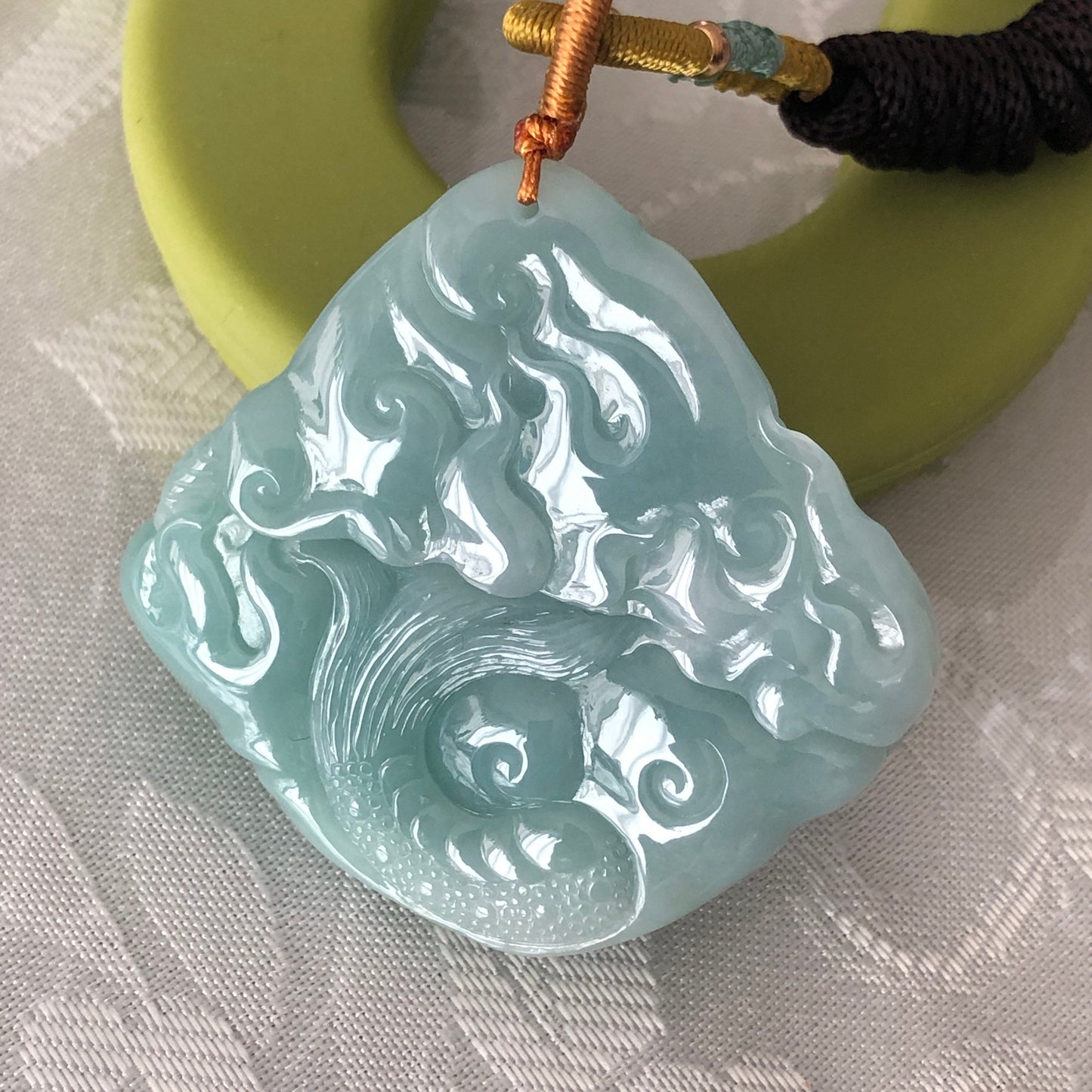 47 mm Icy Green Jadeite Jade Carved Dragon Pendant