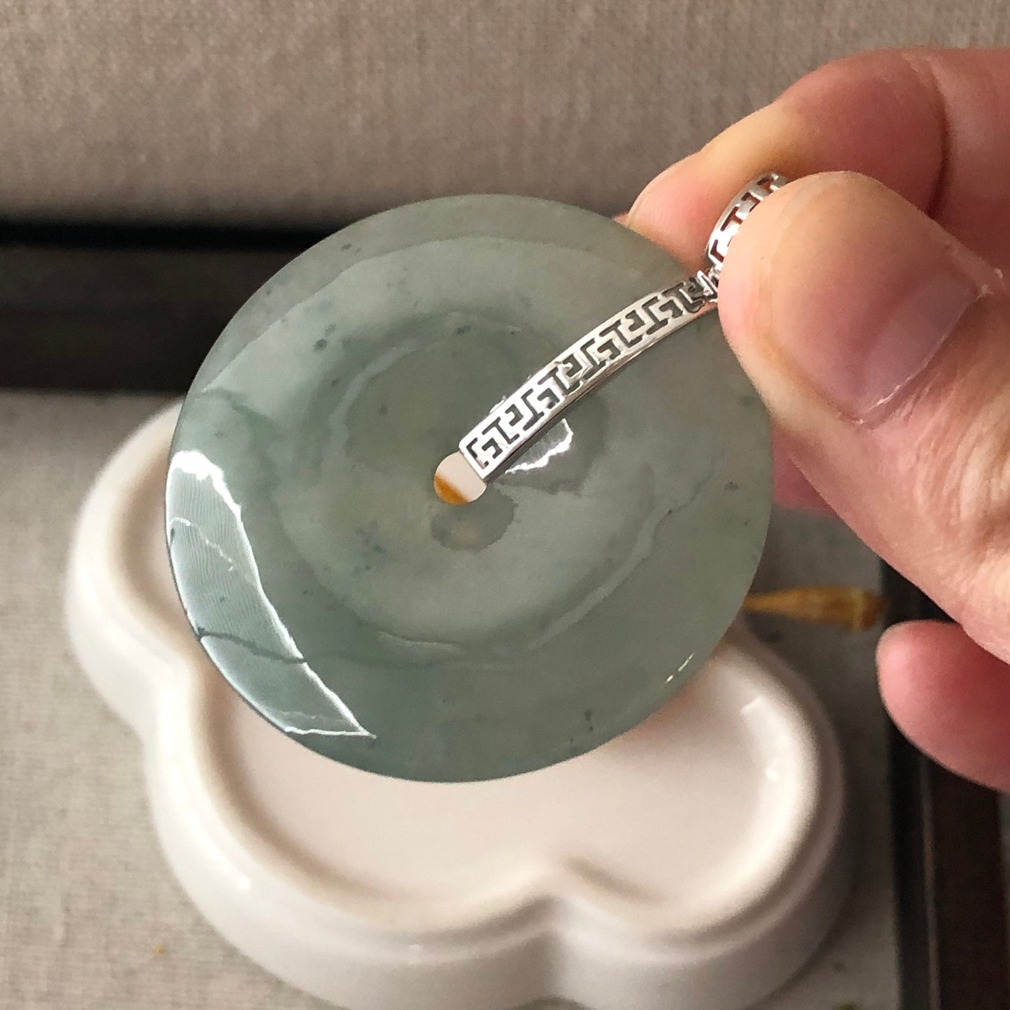 40mm 18K white gold bail Lake Water Green Jadeite Jade Peace Donut Pendant