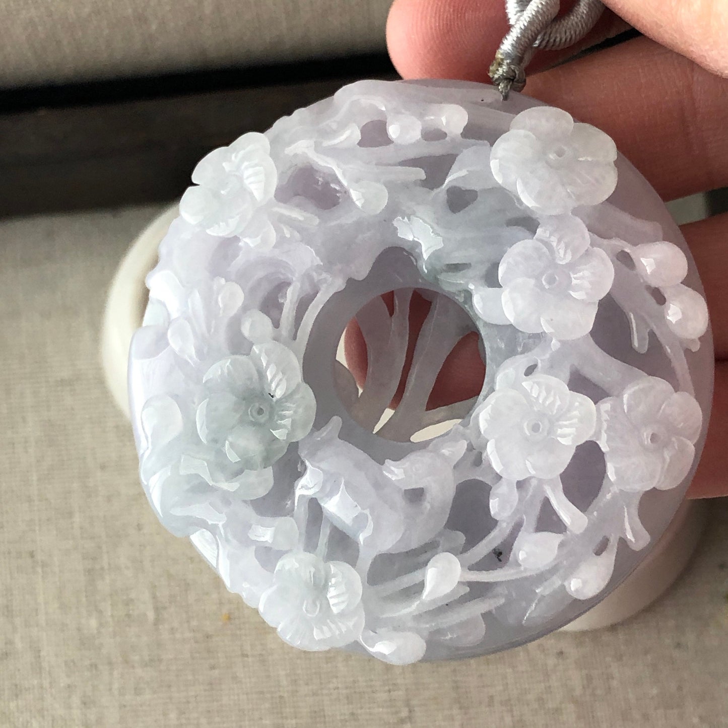 55.3 mm Jadeite Jade Icy Tint Lavender Green 3D Carved Flower Ruyi Pendant