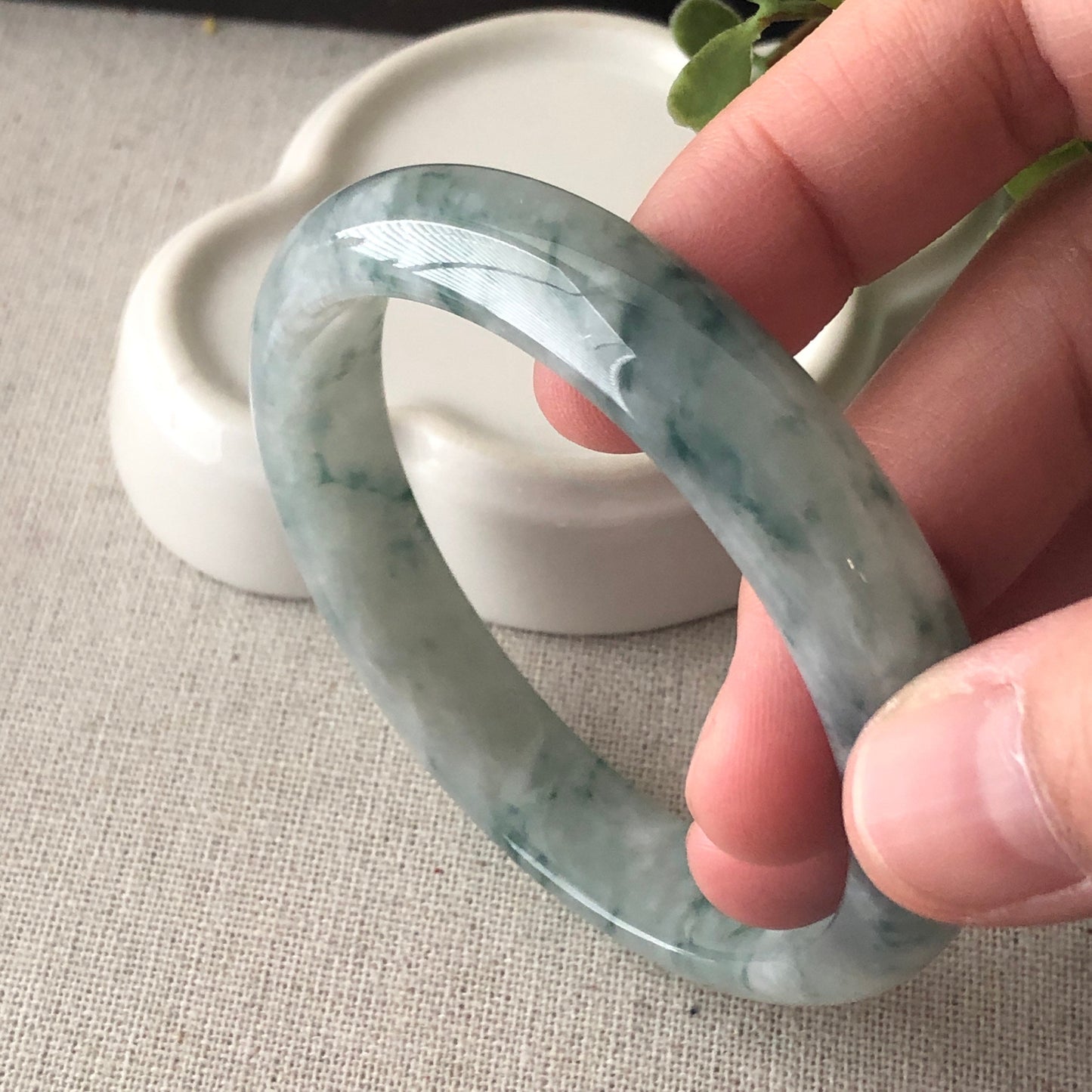 56.5mm Icy Green Float Flowers D-Shaped Jadeite Jade Bangle